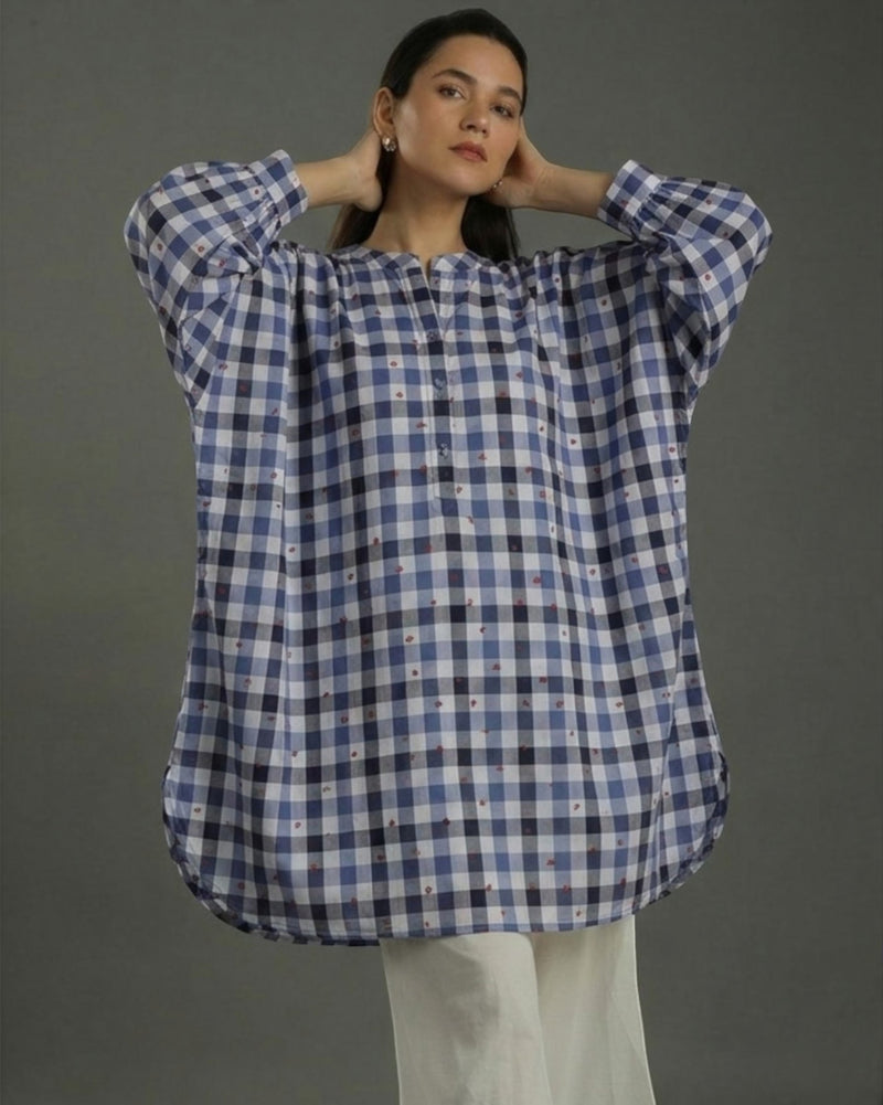 Gingham Balloon Oversized Cotton Shirt – Indigo Checks Print