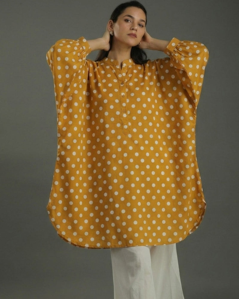 Sunshine Balloon Oversized Cotton Shirt – Mustard Polka Print