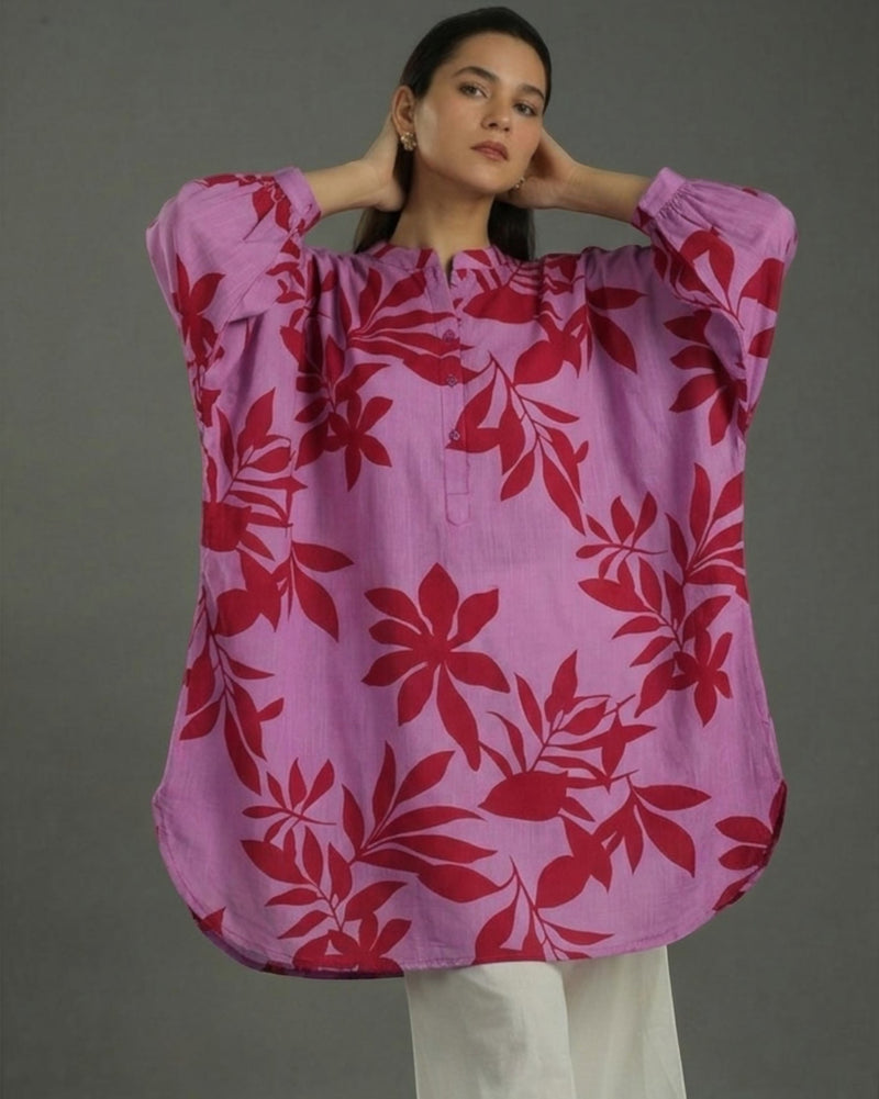 Redscape Balloon Oversized Cotton Shirt – Lavender & Red Print