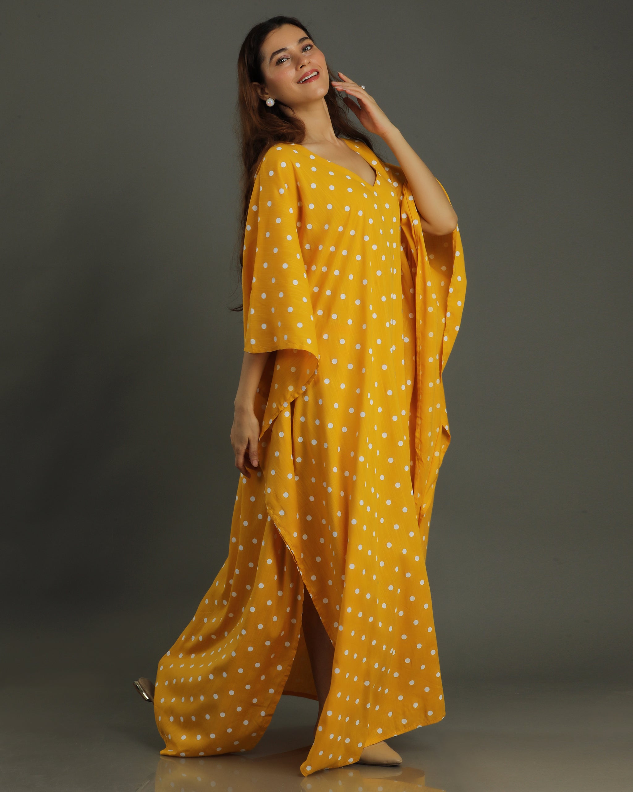 Sunshine Long Cotton Kaftan – Mustard Print