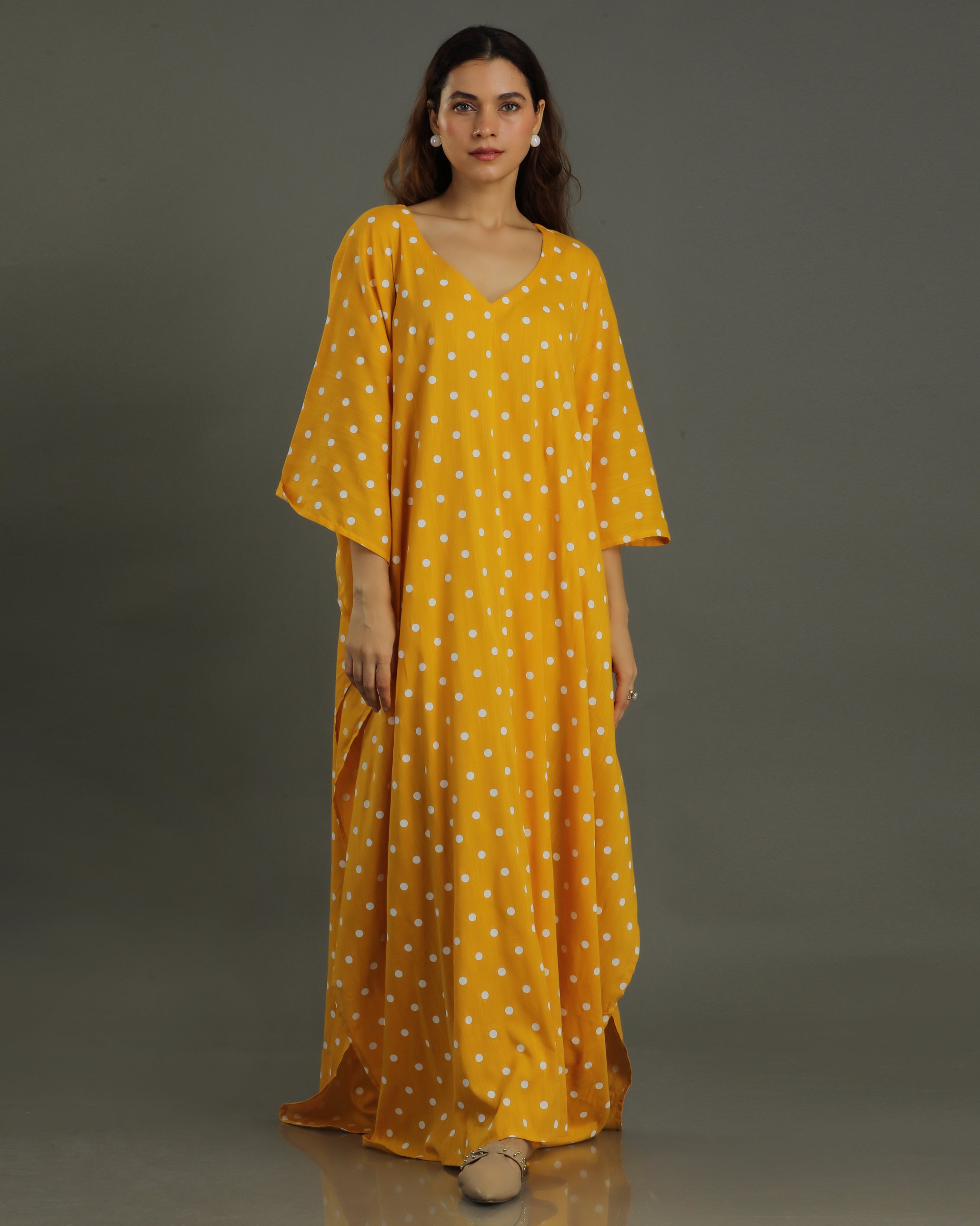 Sunshine Long Cotton Kaftan – Mustard Print