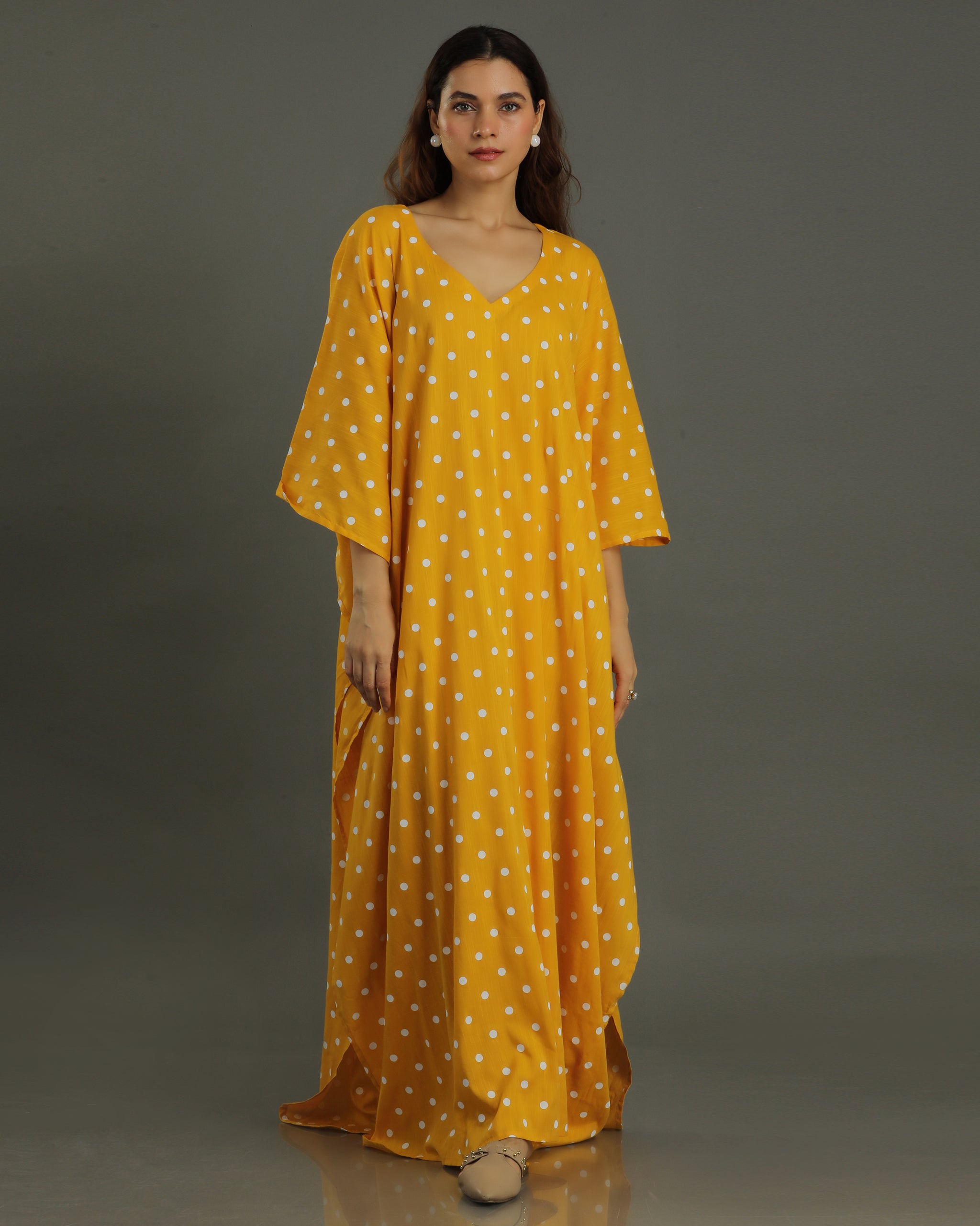 Sunshine Long Cotton Kaftan – Mustard Print