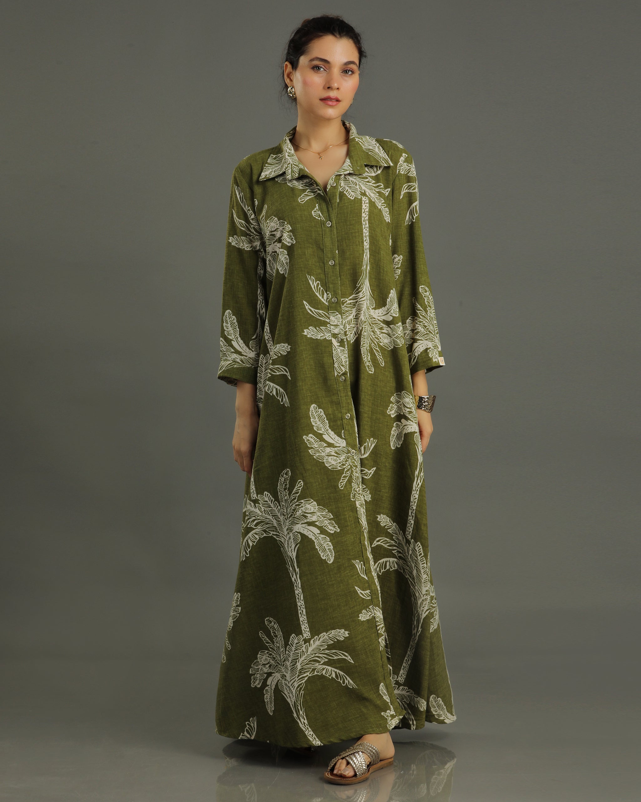 Palm Long Shirt Cotton Dress - Olive Print