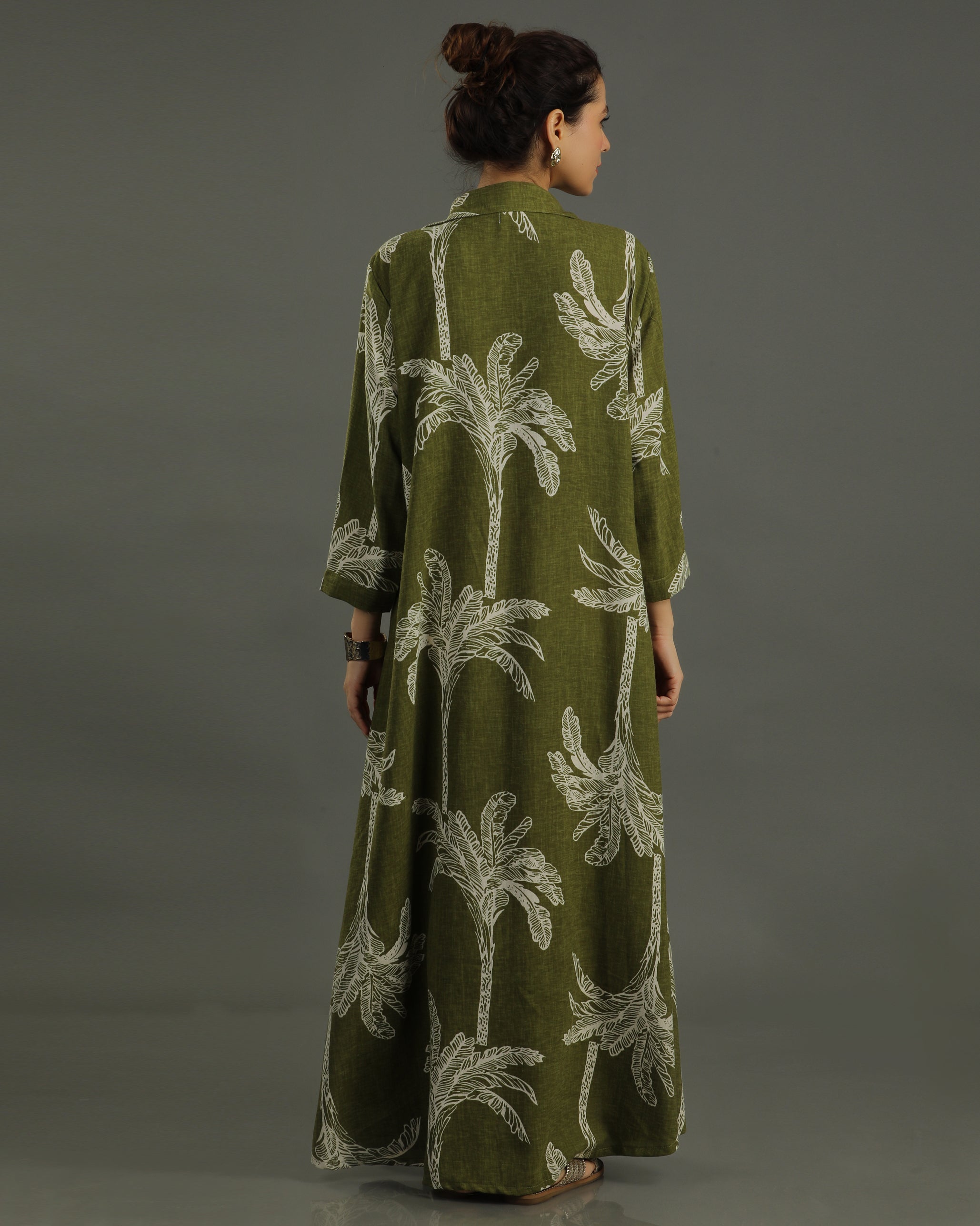 Palm Long Shirt Cotton Dress - Olive Print