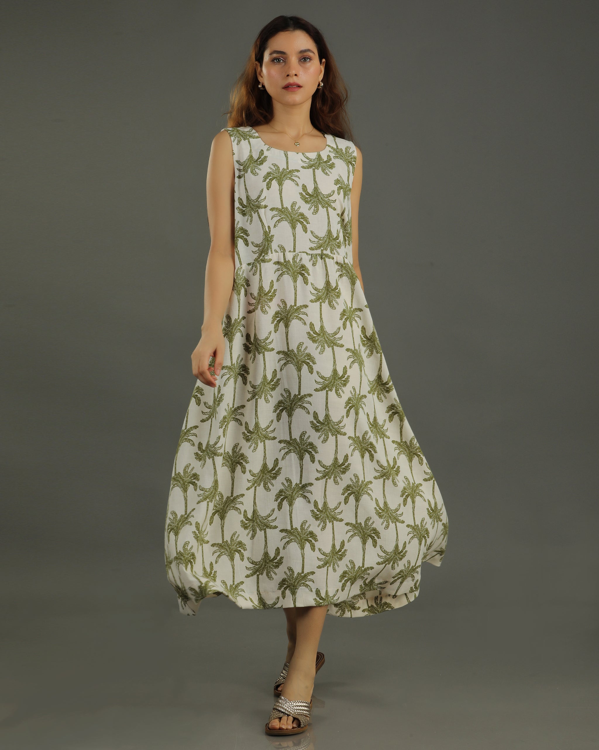 Tropical A-line Cotton Dress – White & Olive Print