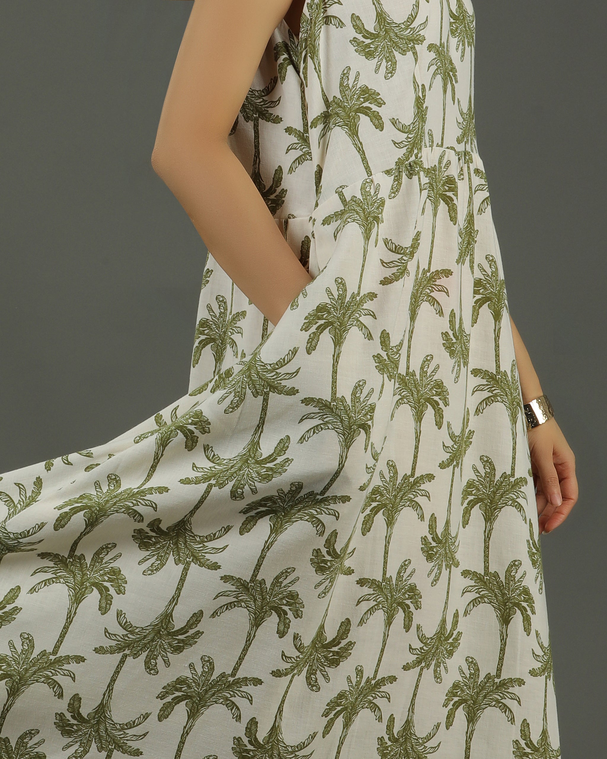 Tropical A-line Cotton Dress – White & Olive Print