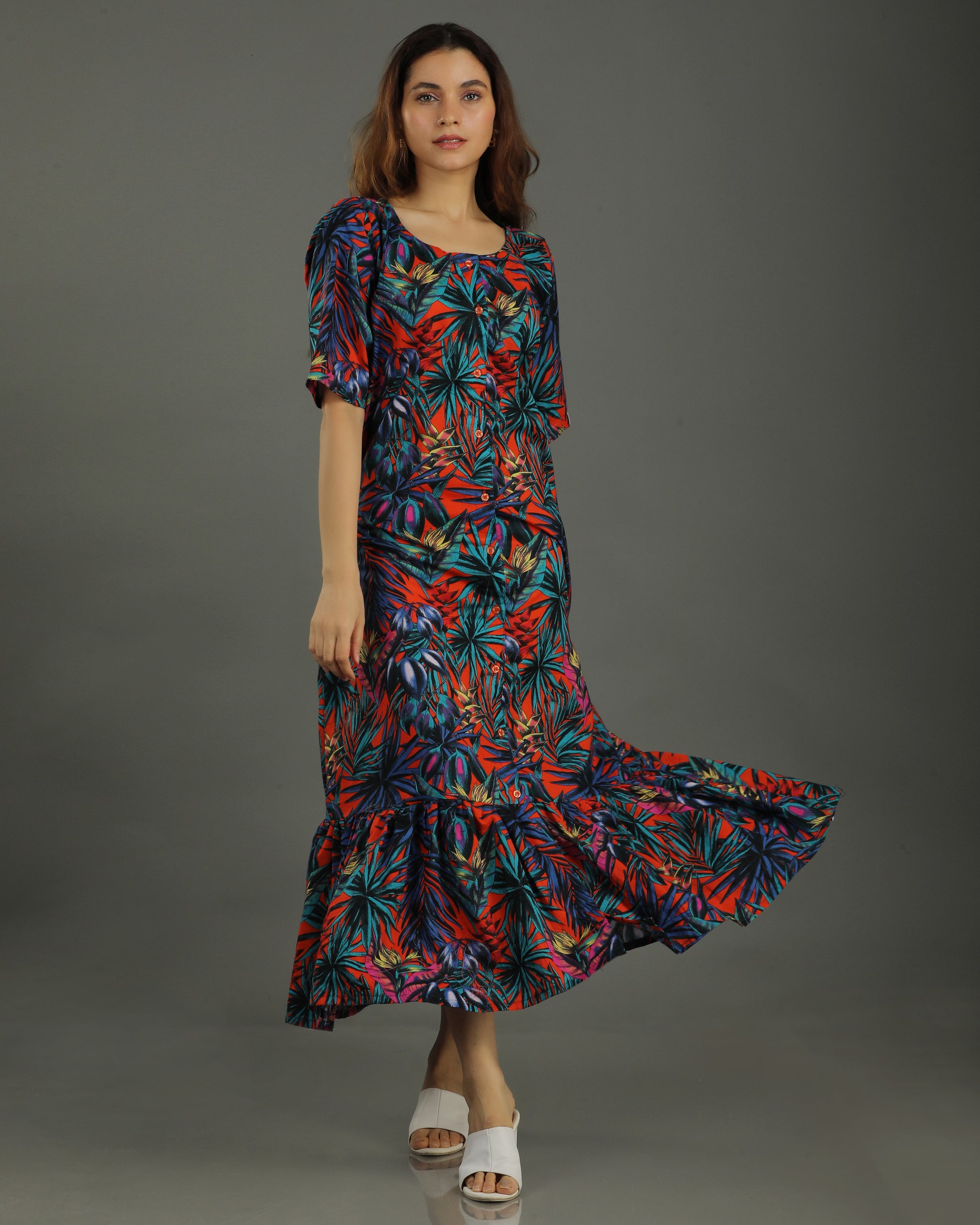 Sunset Midi Flared Cotton Dress – Multicolor Print
