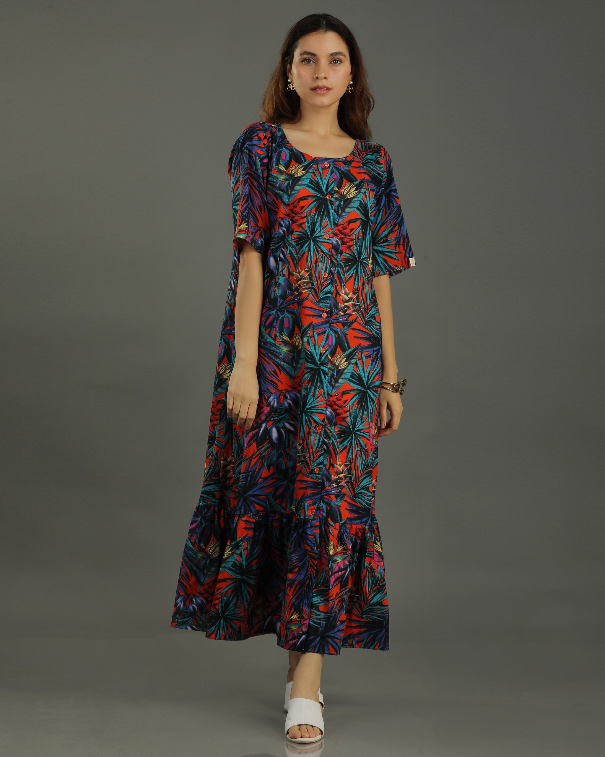 Sunset Midi Flared Cotton Dress – Multicolor Print