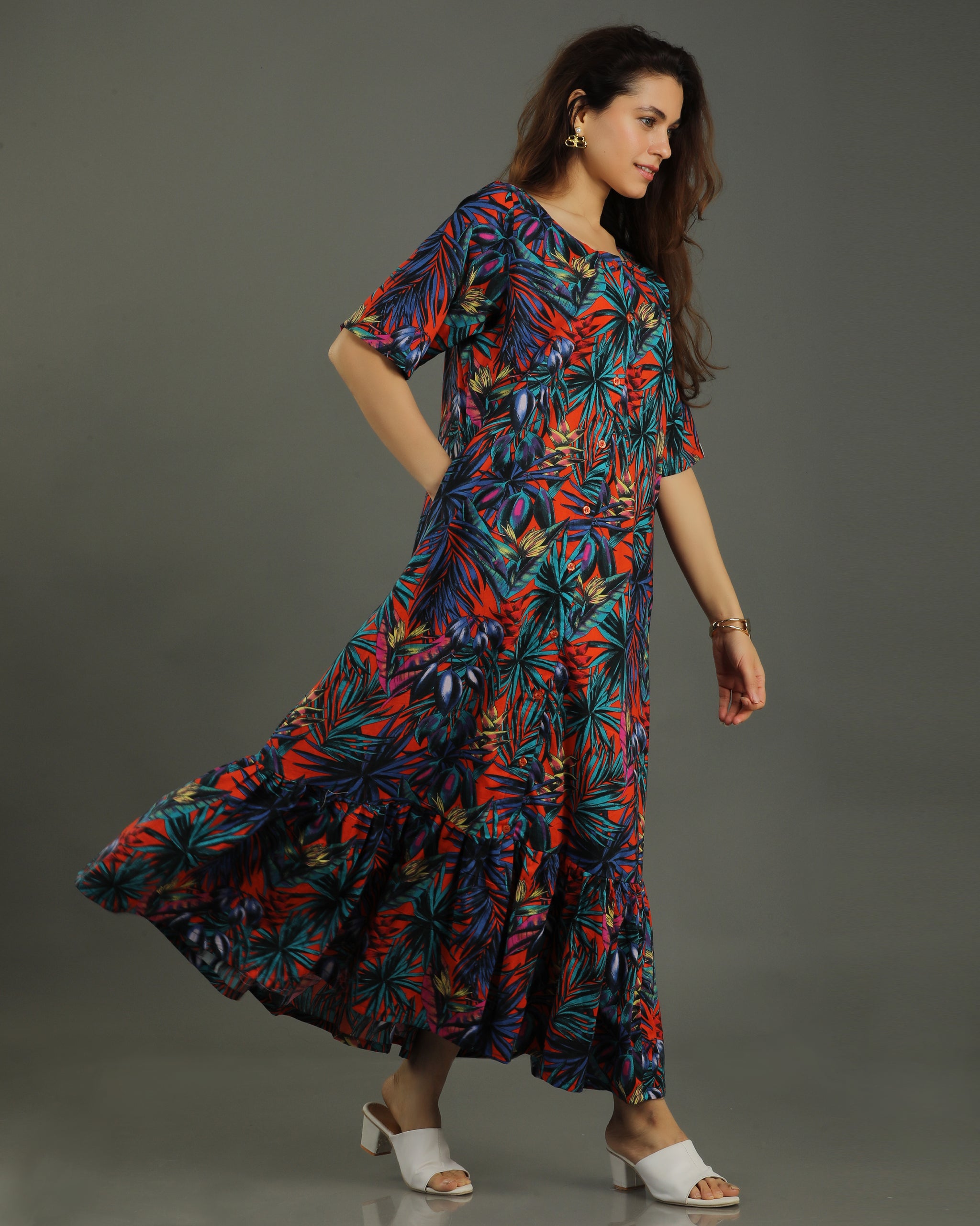 Sunset Midi Flared Cotton Dress – Multicolor Print