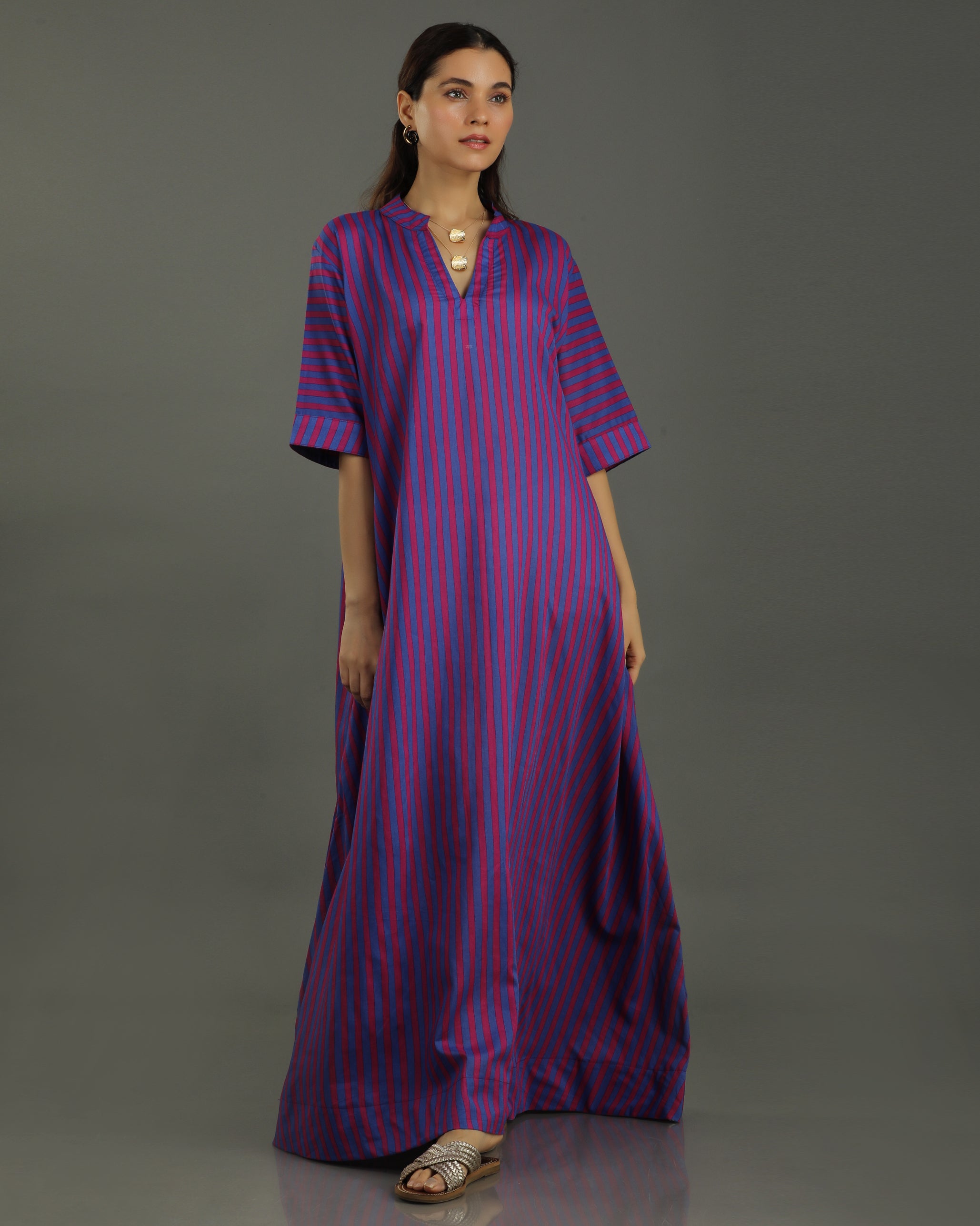 Plum Long A-line Cotton Dress – Magenta Stripes Print