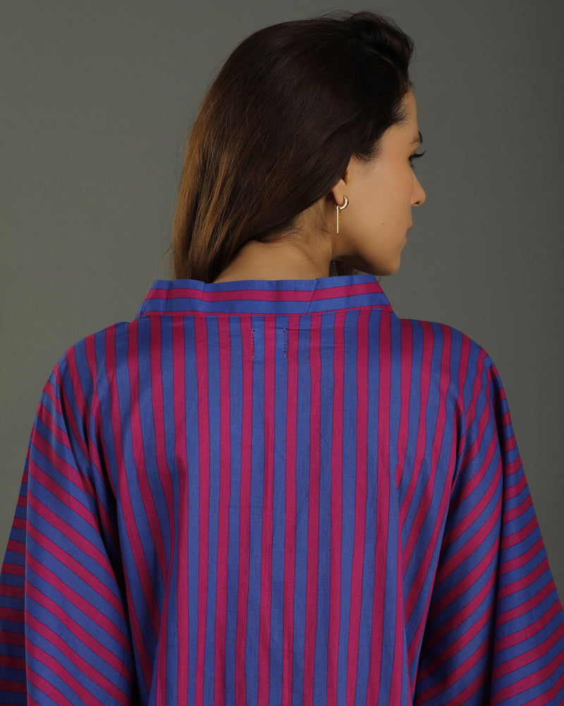 Plum Midi Kaftan Cotton Dress – Magenta Stripes Print