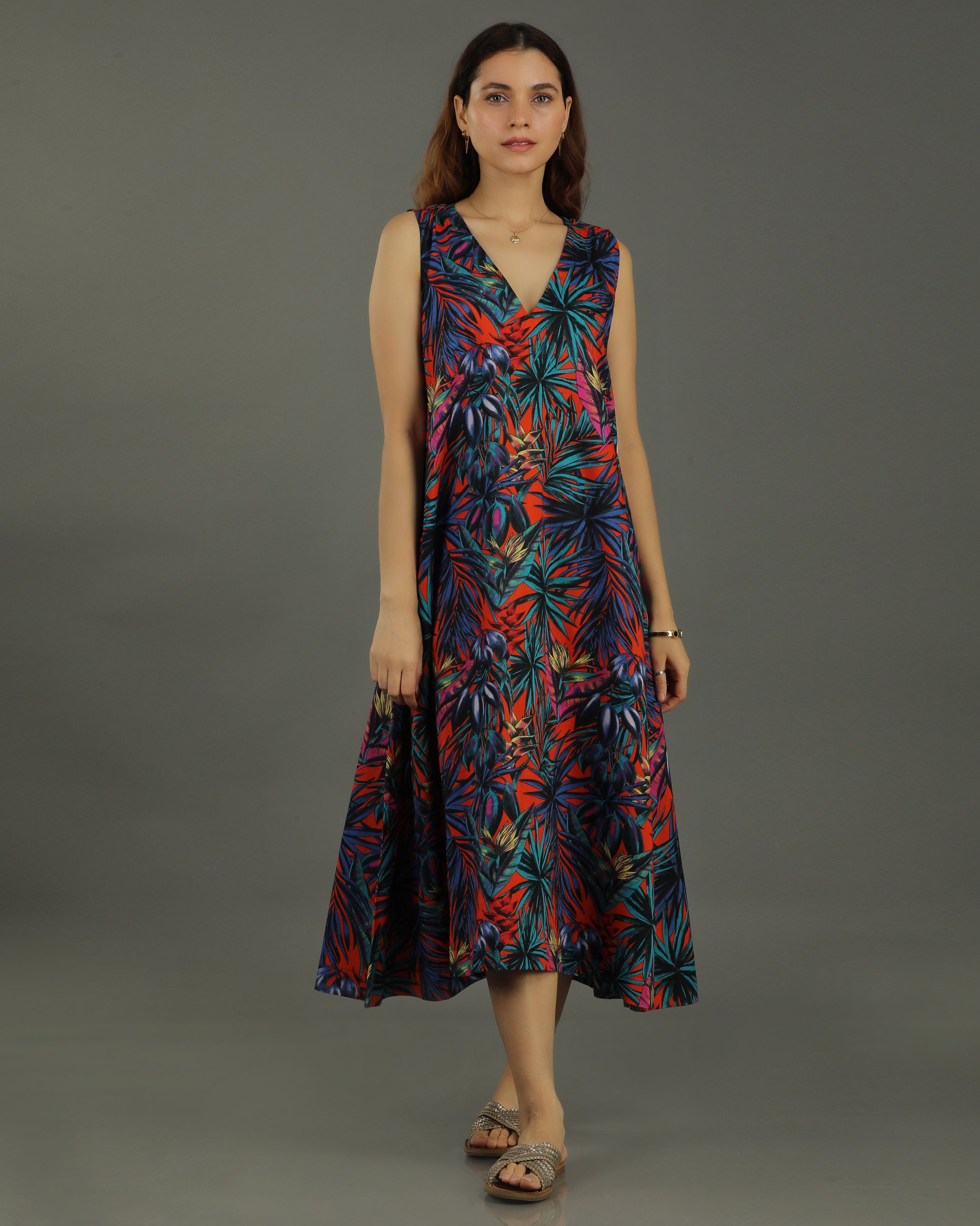 Sunset A-line Cotton Dress – Multicolor Print