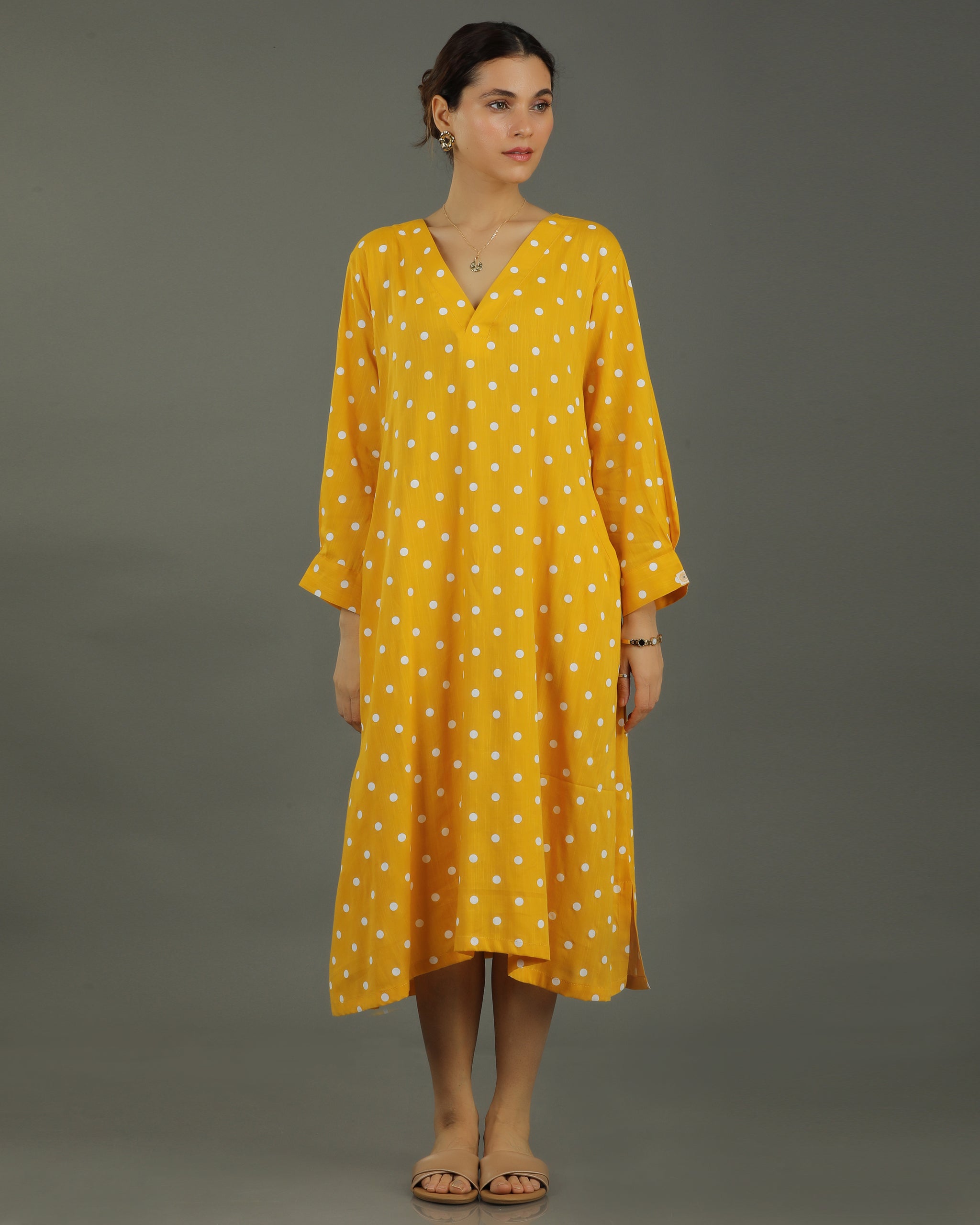 Sunshine Midi A-line Cotton Dress – Mustard Print