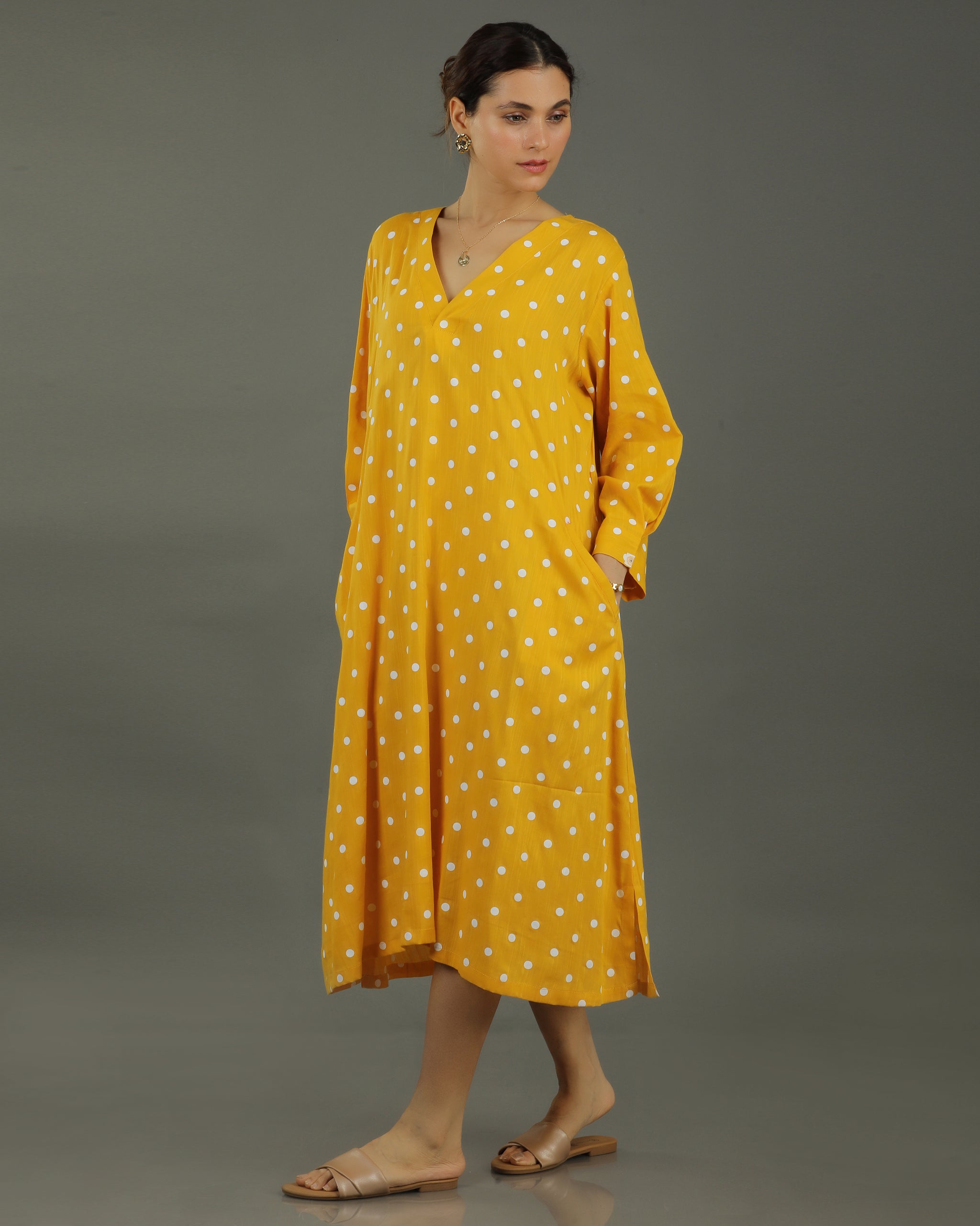 Sunshine Midi A-line Cotton Dress – Mustard Print