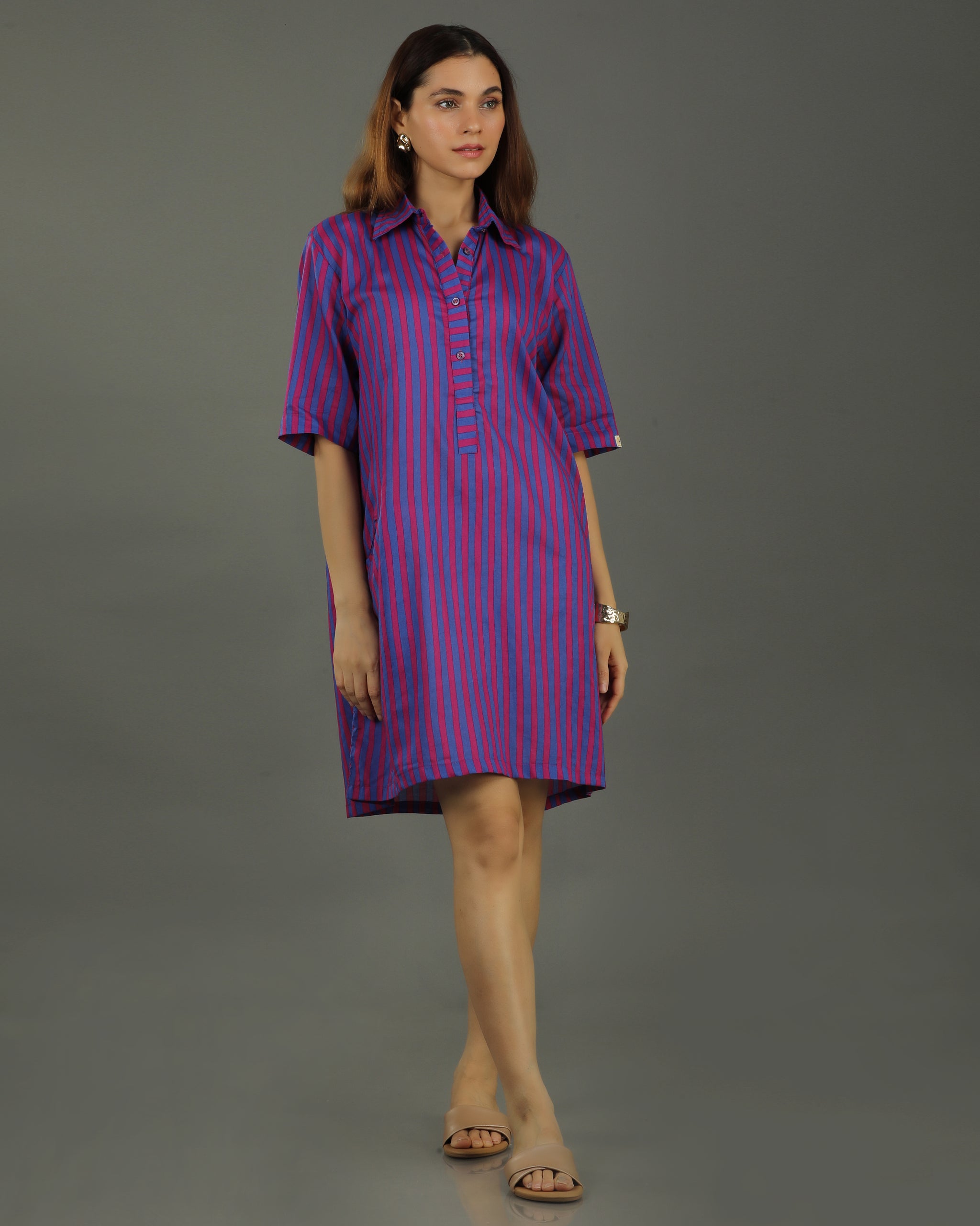 Plum Short A-line Cotton Dress – Magenta Stripes Print