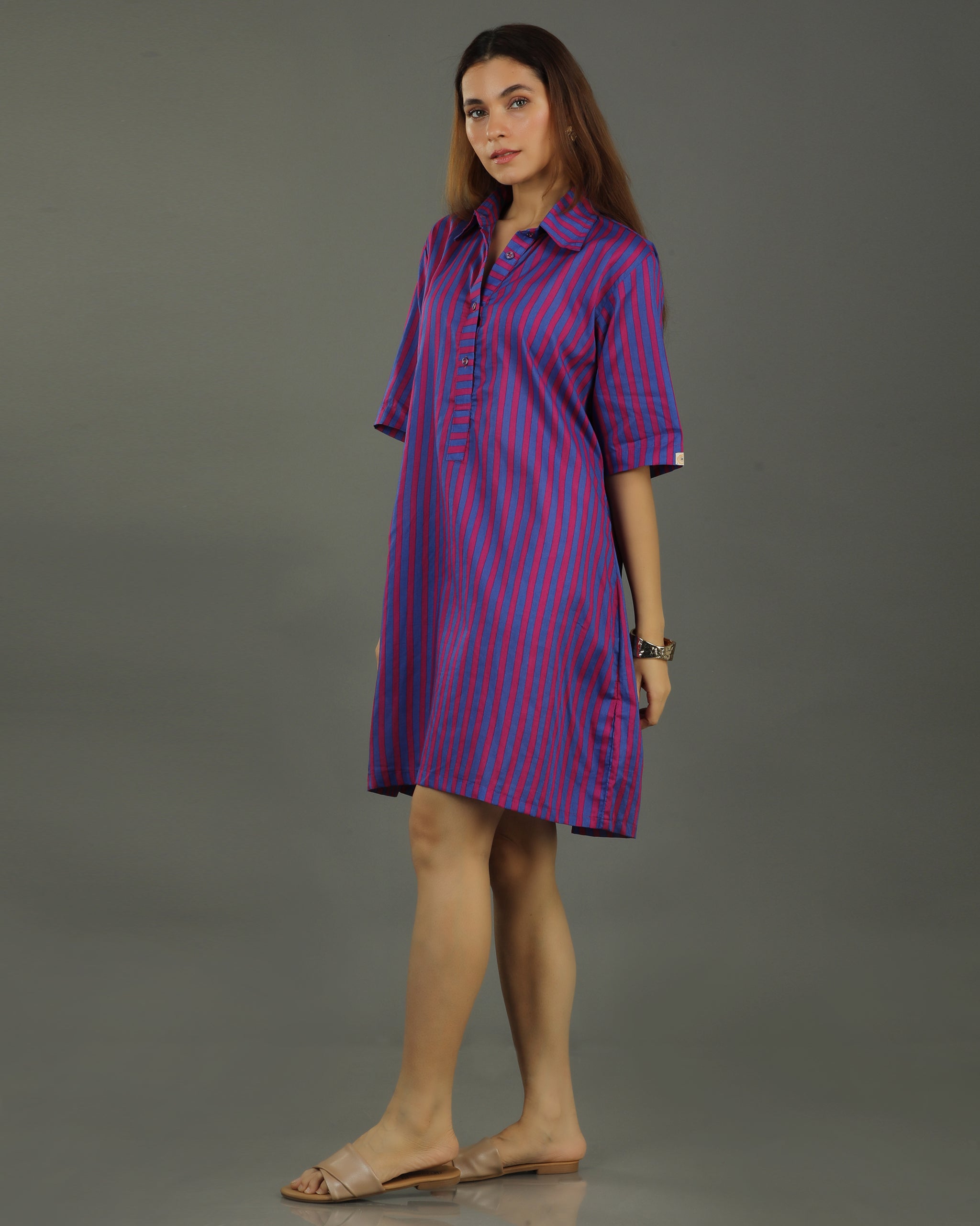 Plum Short A-line Cotton Dress – Magenta Stripes Print