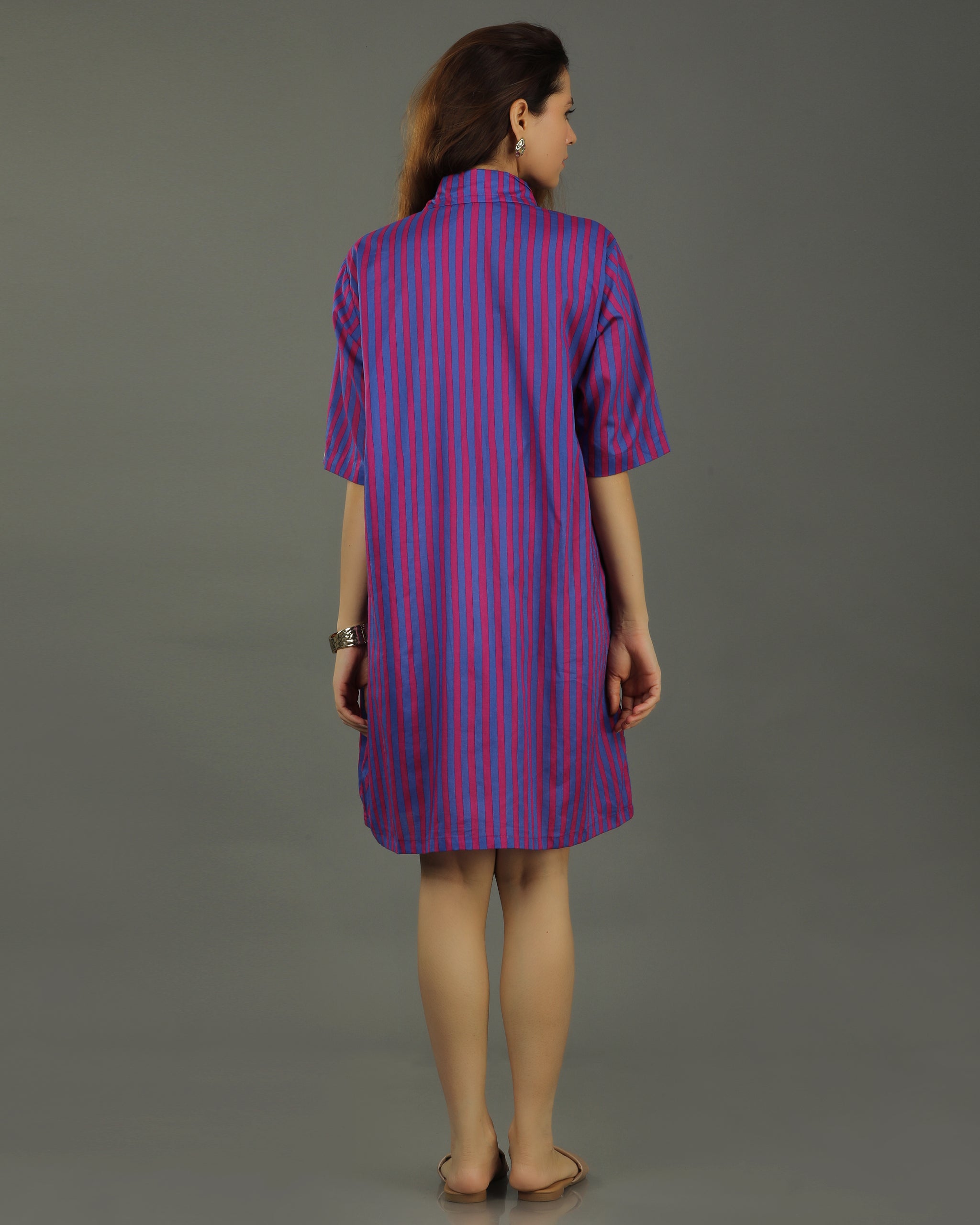 Plum Short A-line Cotton Dress – Magenta Stripes Print
