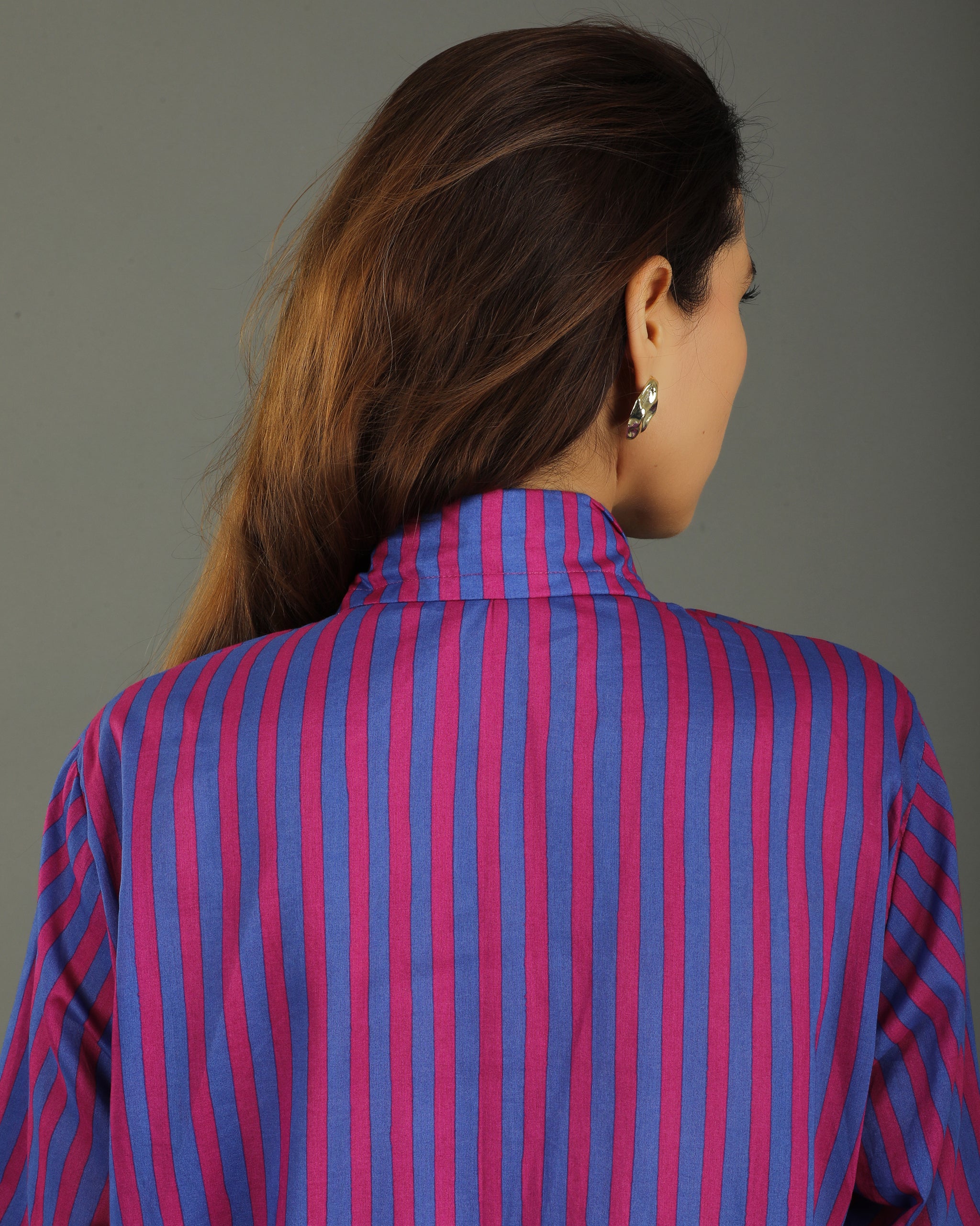 Plum Short A-line Cotton Dress – Magenta Stripes Print