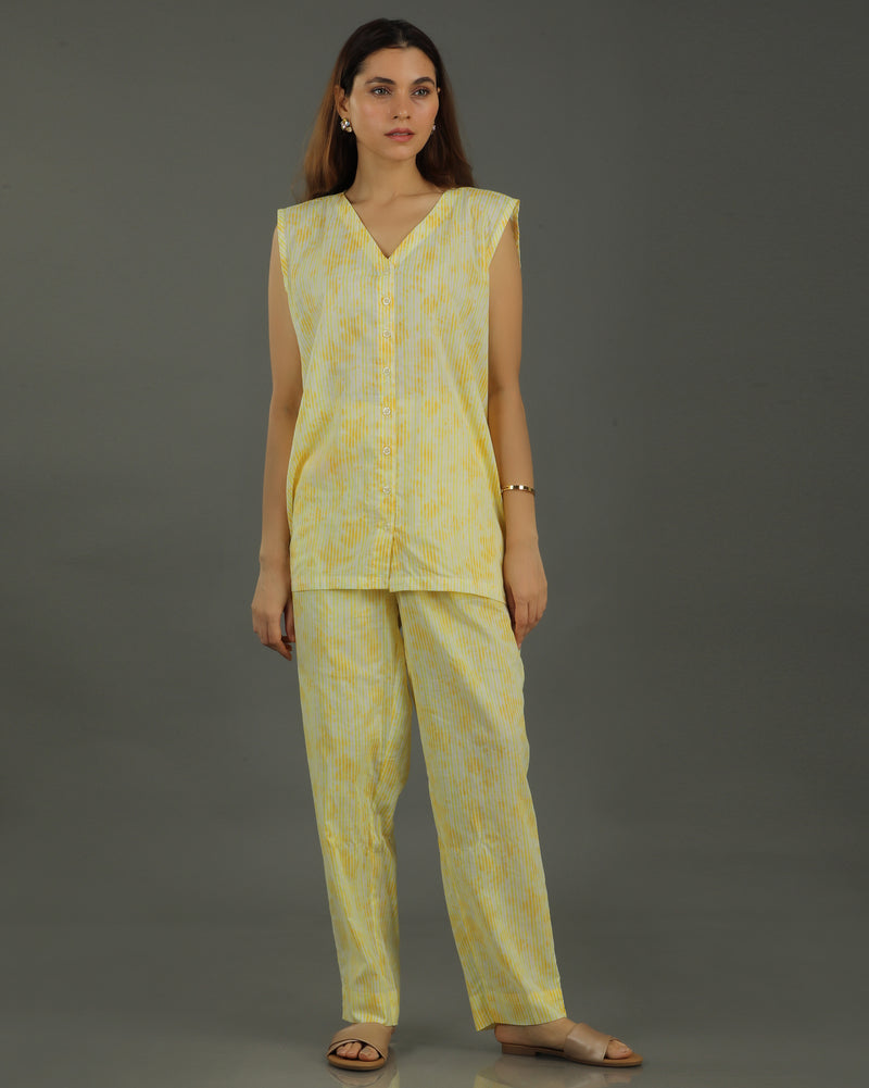 Ray Buttoned Sleeveless Cotton Coord Set – Yellow Print