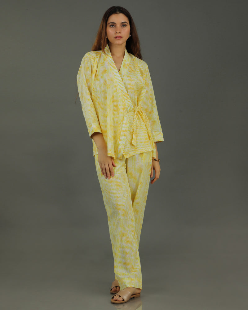 Ray Wrap Short Cotton Coord Set – Yellow Print