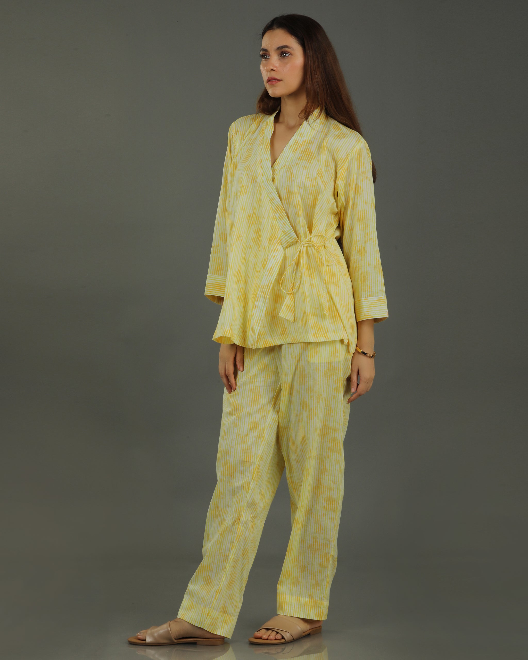 Ray Wrap Short Cotton Coord Set – Yellow Print