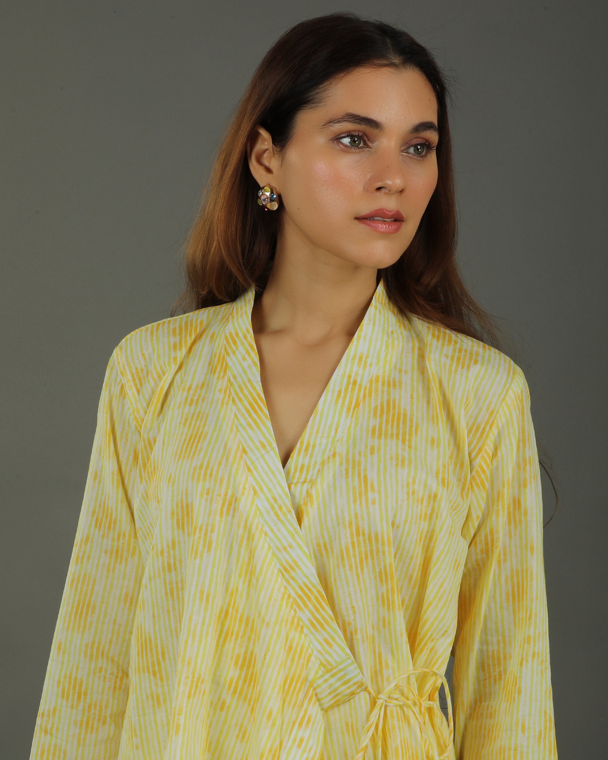 Ray Wrap Short Cotton Coord Set – Yellow Print