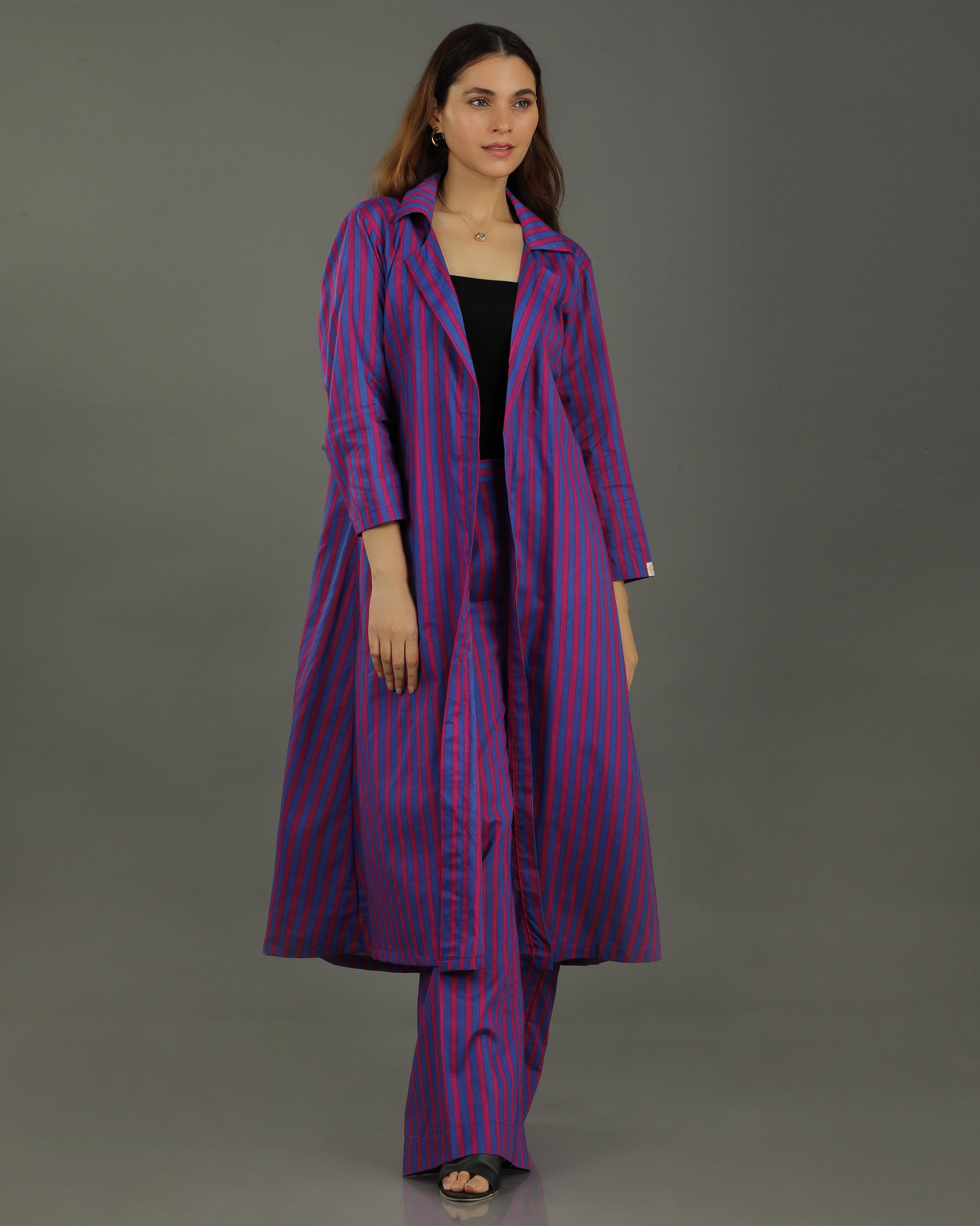Plum Long Open Cotton Coord Set – Magenta Stripes Print