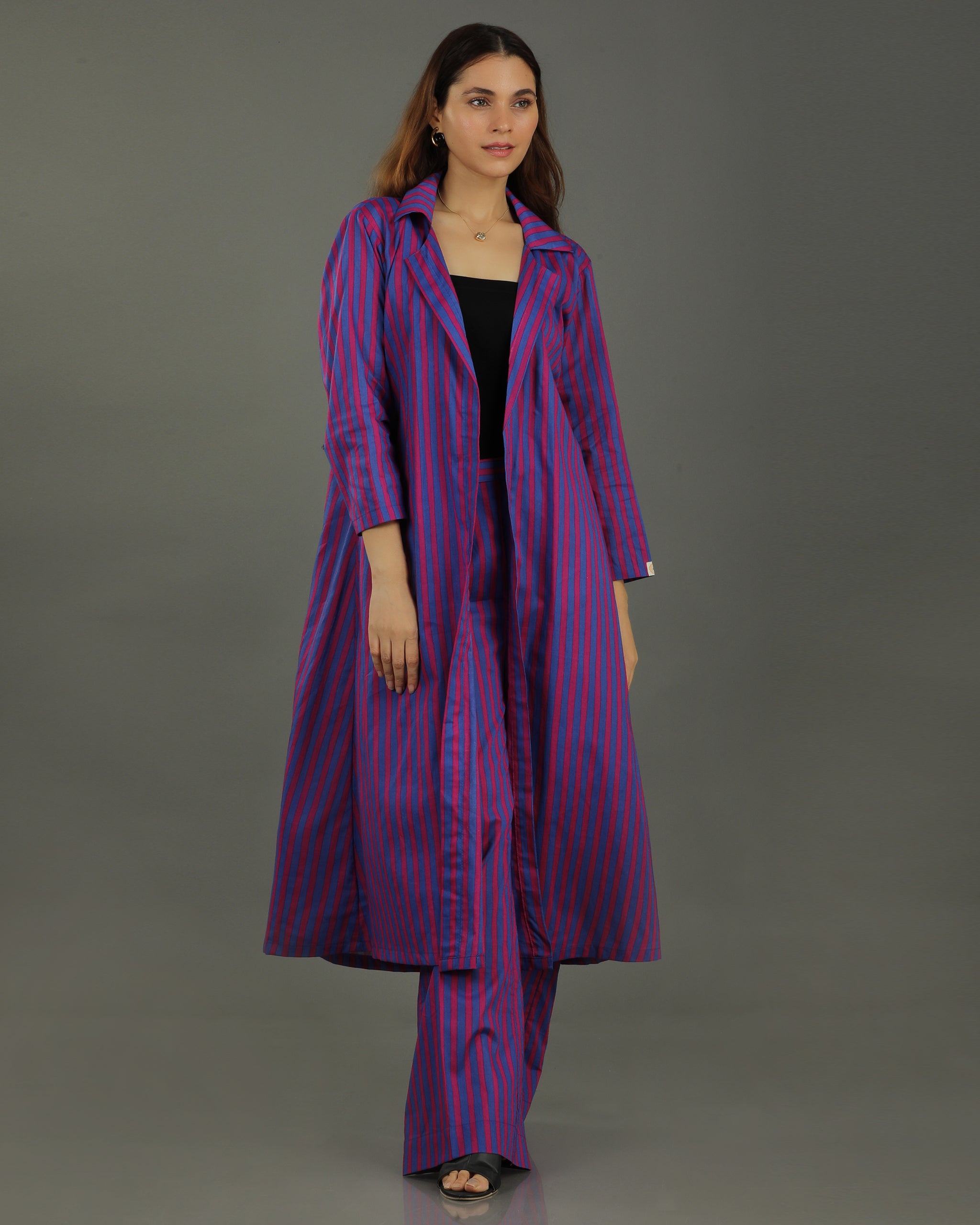 Plum Long Open Cotton Coord Set – Magenta Stripes Print