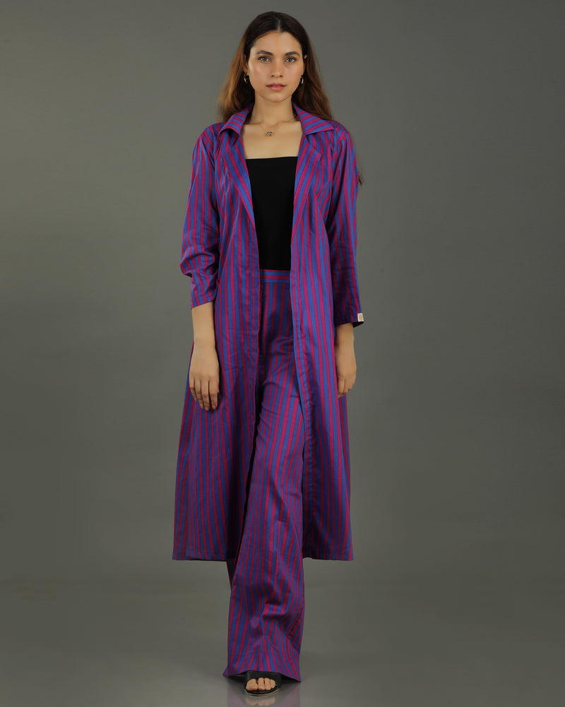 Plum Long Open Cotton Coord Set – Magenta Stripes Print