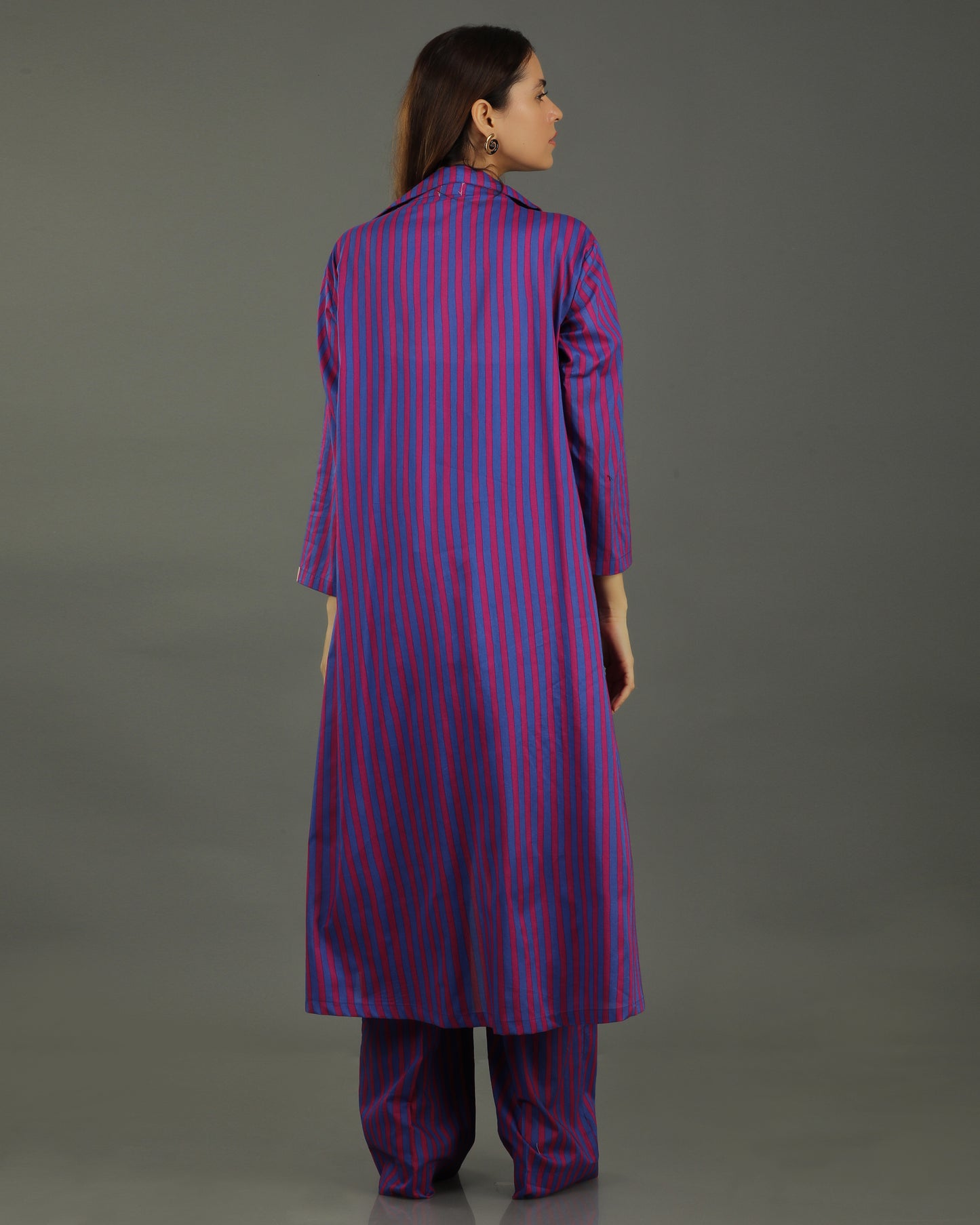 Plum Long Open Cotton Coord Set – Magenta Stripes Print