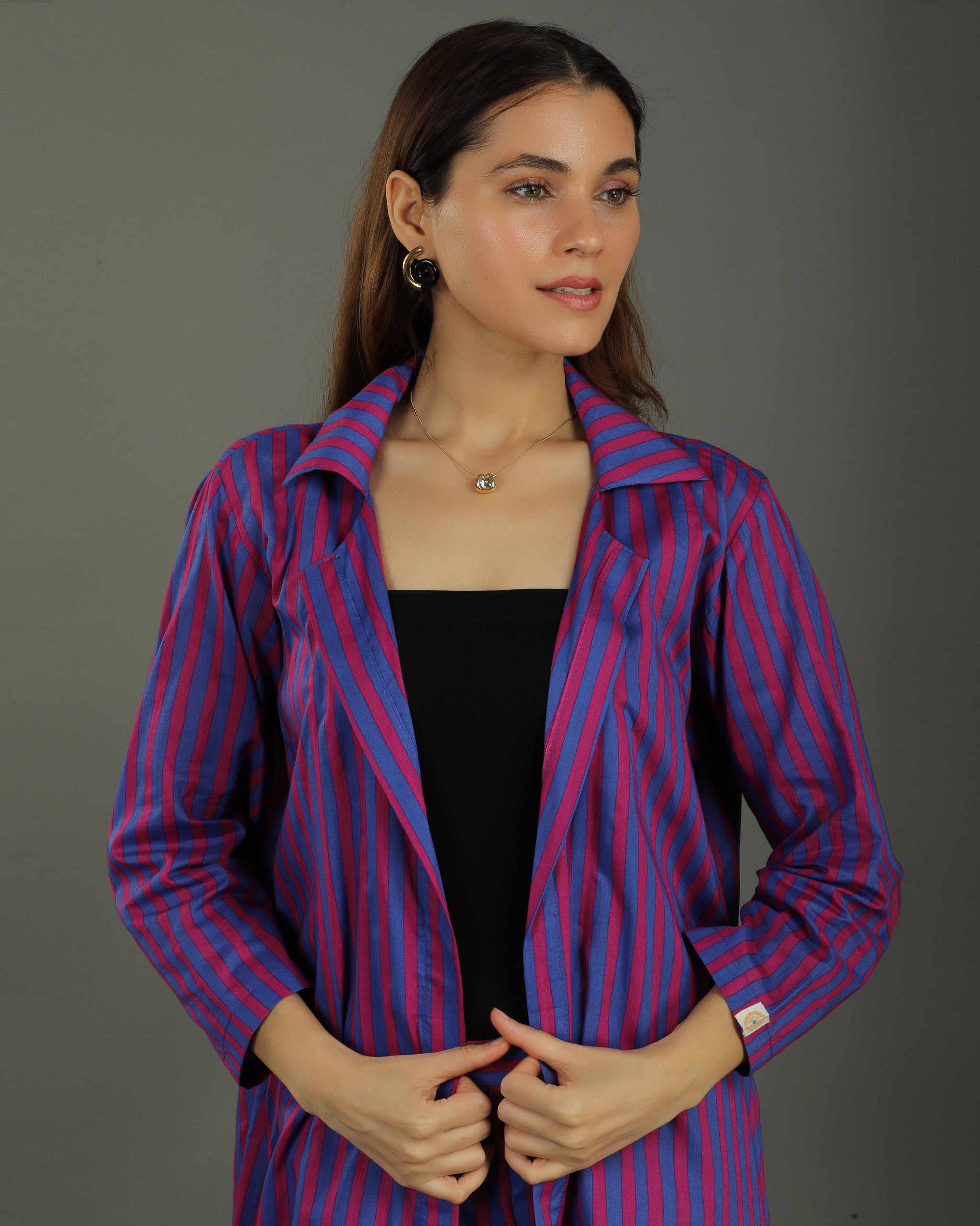 Plum Long Open Cotton Coord Set – Magenta Stripes Print