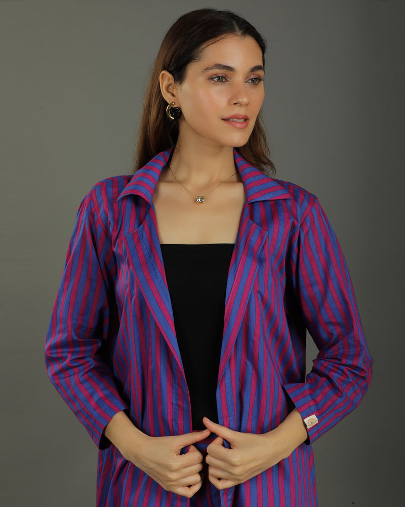 Plum Long Open Cotton Coord Set – Magenta Stripes Print