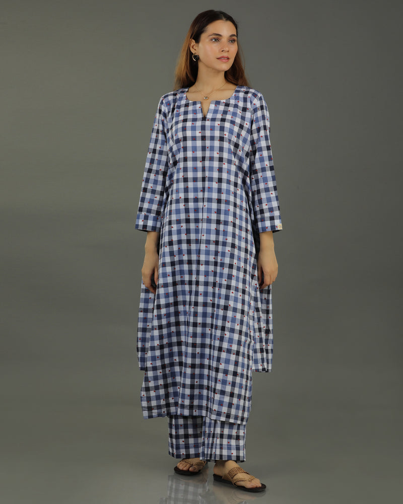 Gingham Long Abstract Cotton Kurta Set – Indigo Checks Print