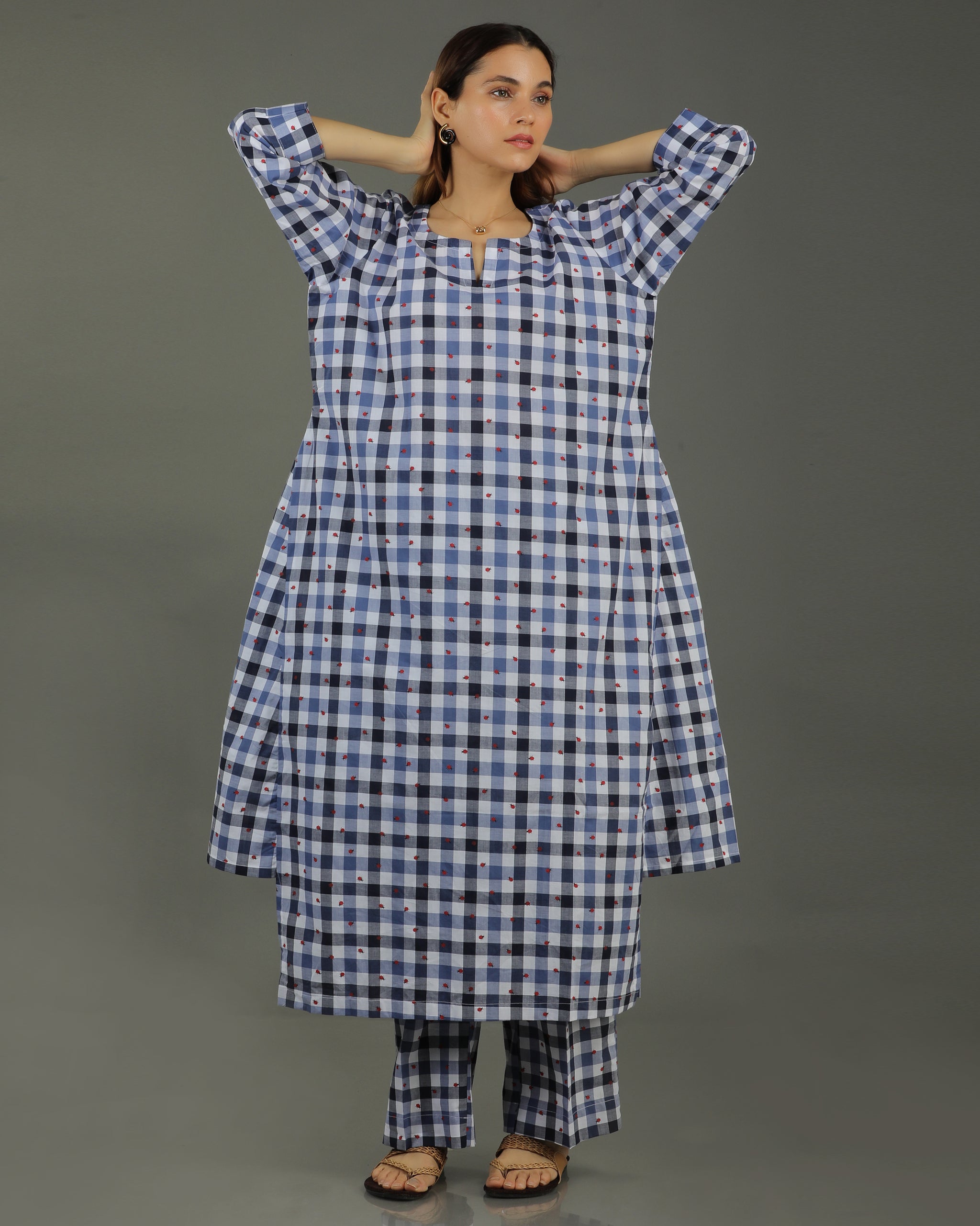 Gingham Long Abstract Cotton Kurta Set – Indigo Checks Print