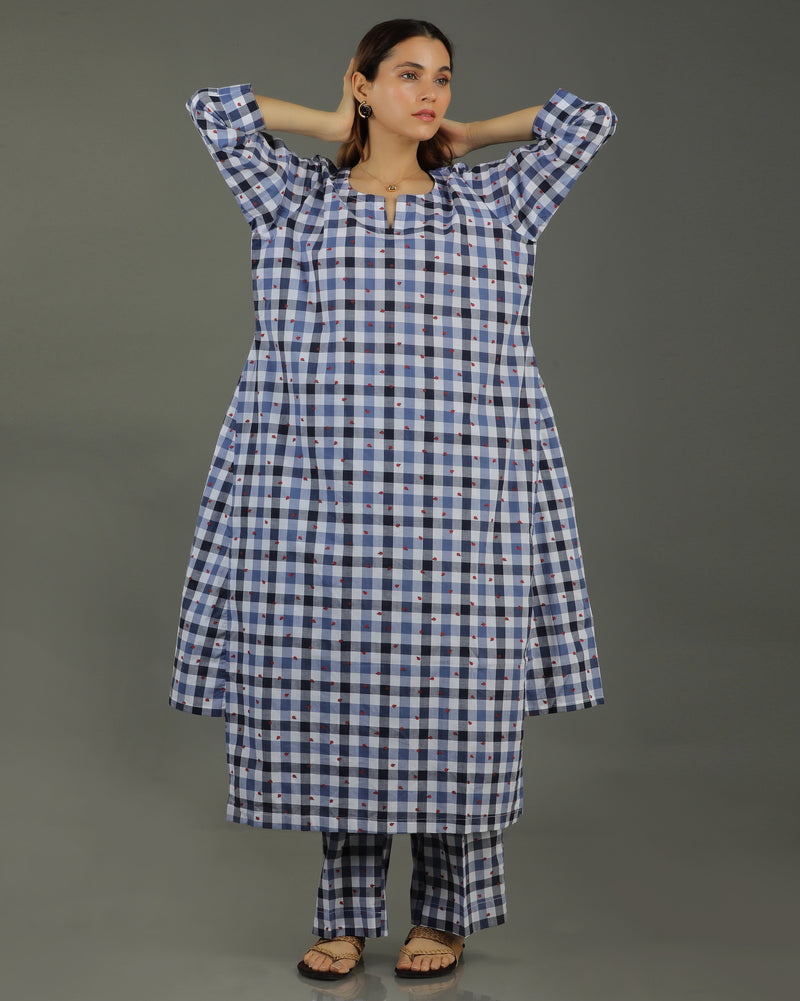 Gingham Long Abstract Cotton Kurta Set – Indigo Checks Print