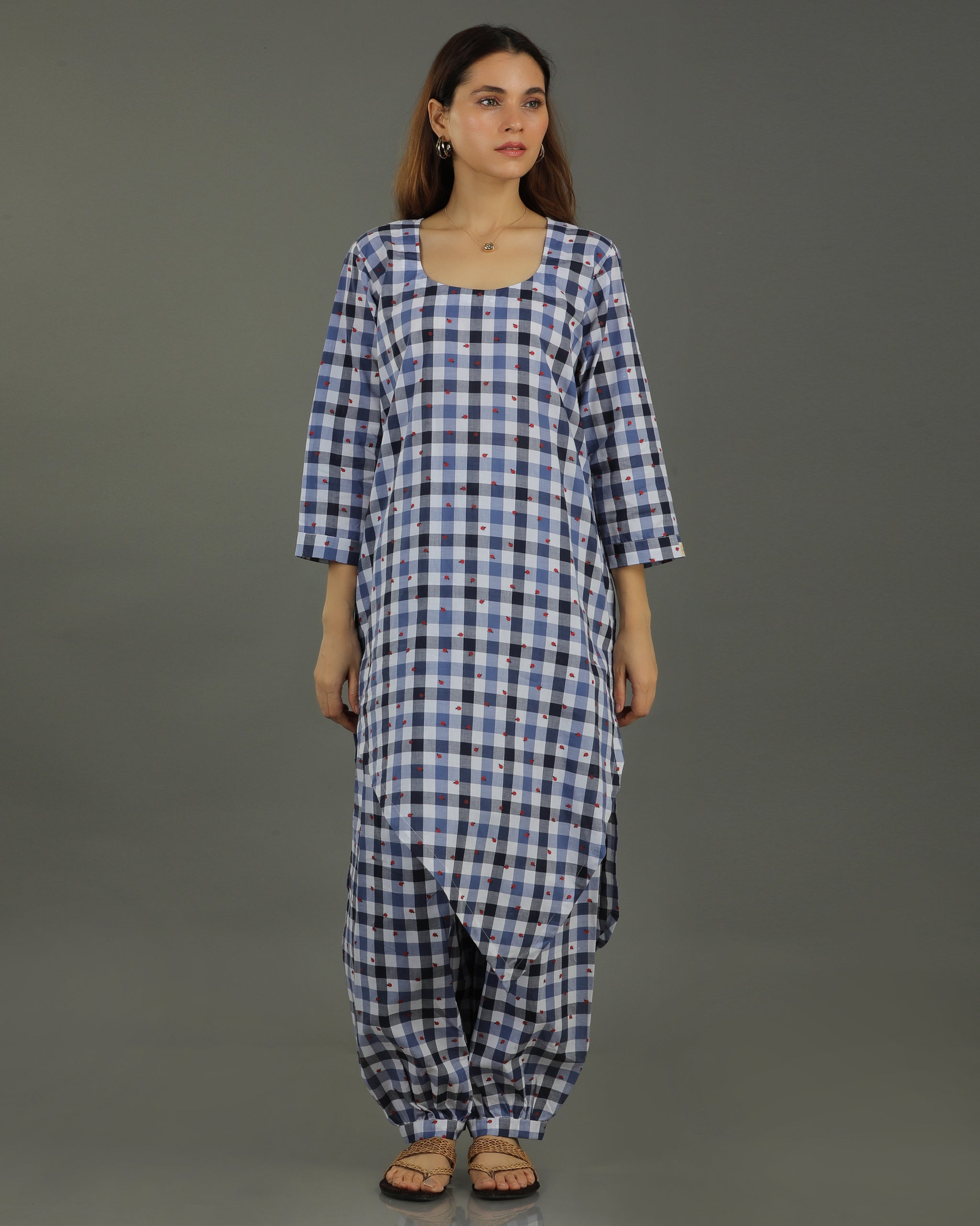 Gingham Long Overlap Cotton Kurta – Indigo Checks Print