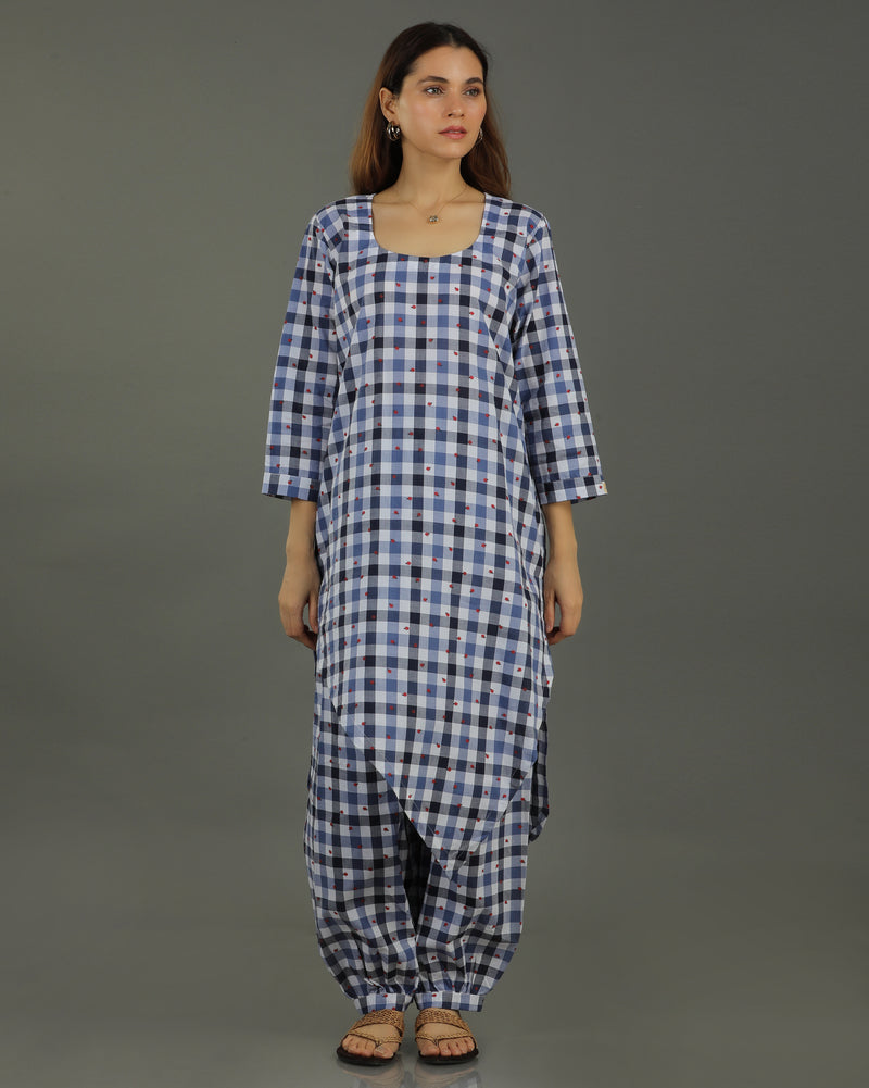 Gingham Long Overlap Cotton Kurta Set – Indigo Checks Print
