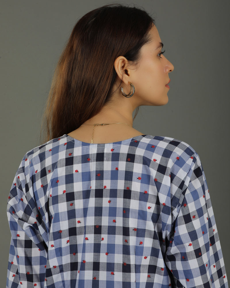 Gingham Long Overlap Cotton Kurta Set – Indigo Checks Print