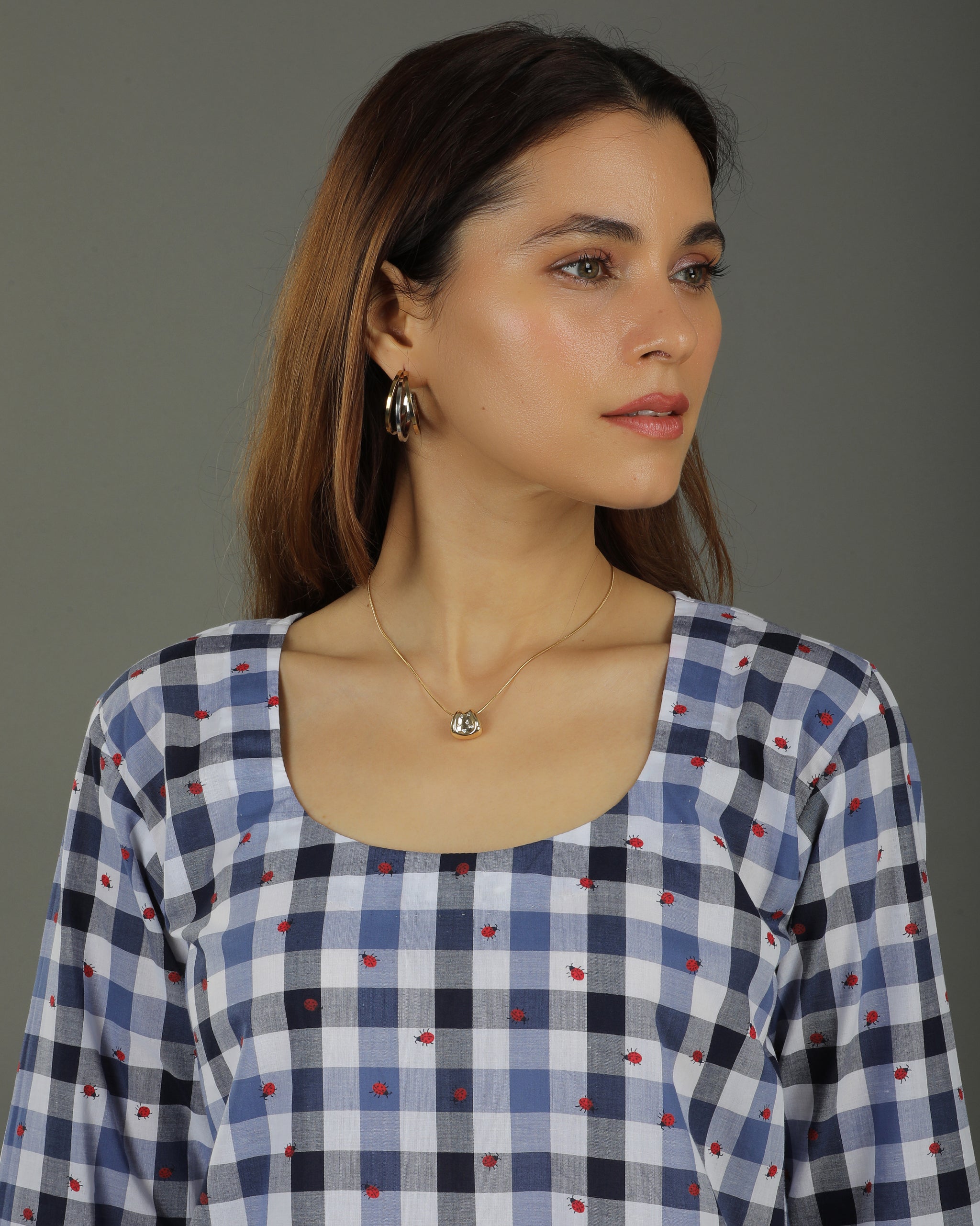 Gingham Long Overlap Cotton Kurta – Indigo Checks Print