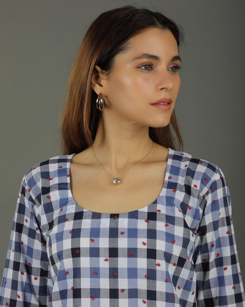 Gingham Long Overlap Cotton Kurta Set – Indigo Checks Print