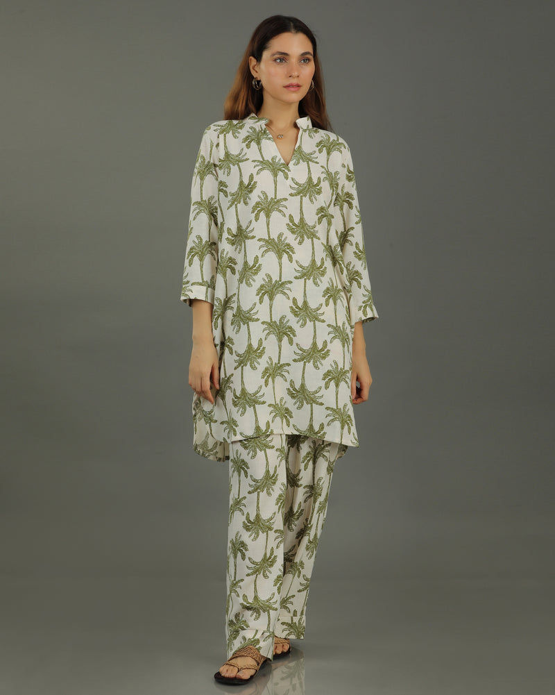 Tropical Mid-Length Cotton Kurta Set – White & Olive Print