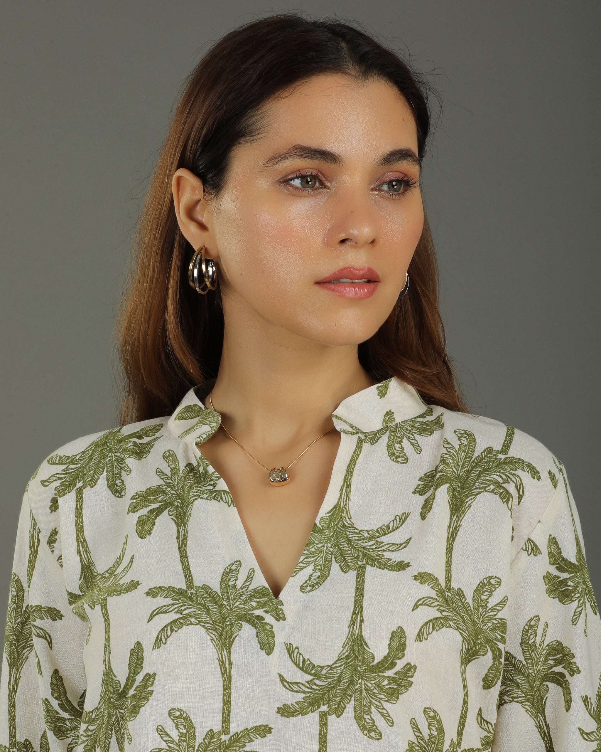 Tropical Mid-Length Cotton Kurta - White & Olive Print