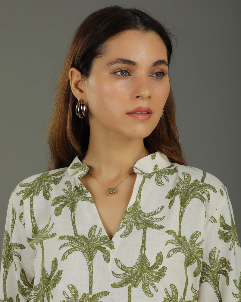 Tropical Mid-Length Cotton Kurta Set – White & Olive Print