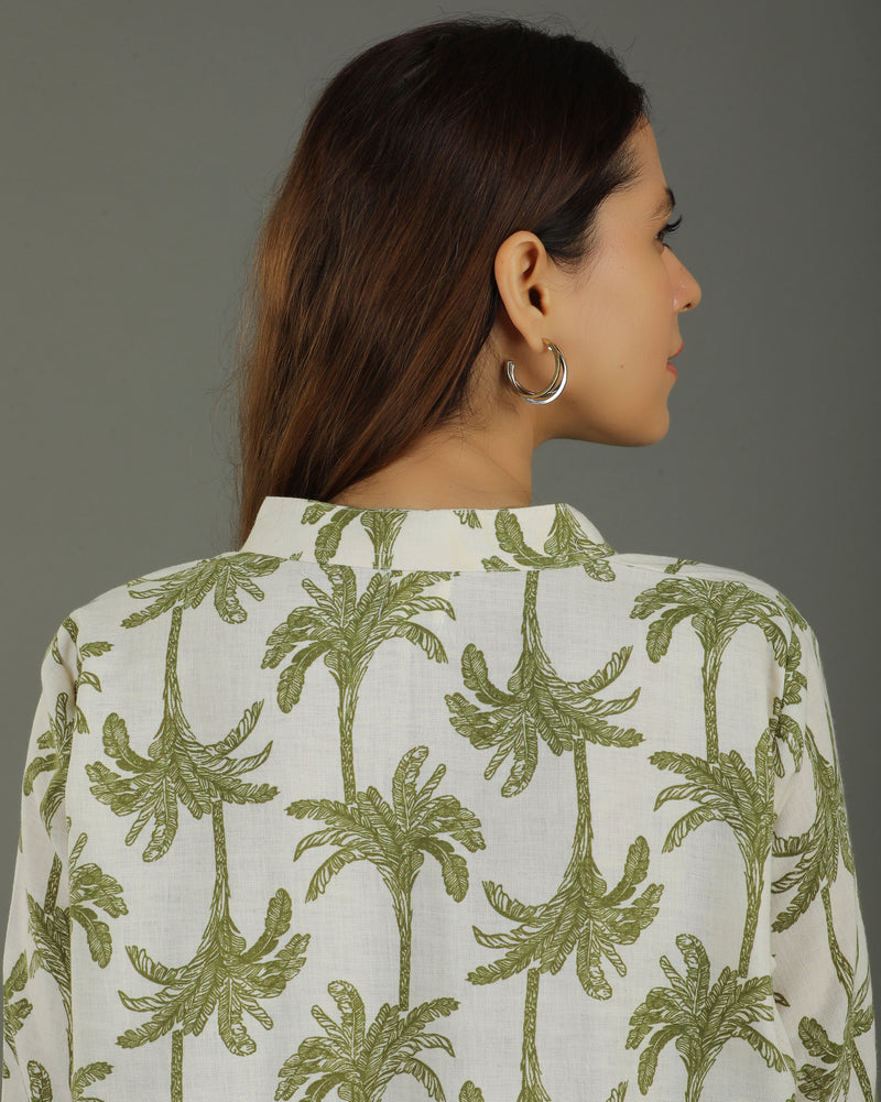 Tropical Mid-Length Cotton Kurta Set – White & Olive Print