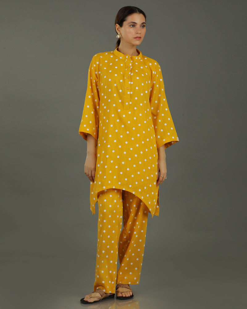 Sunshine Mid-Length Deepcut Cotton Kurta Set – Mustard Print