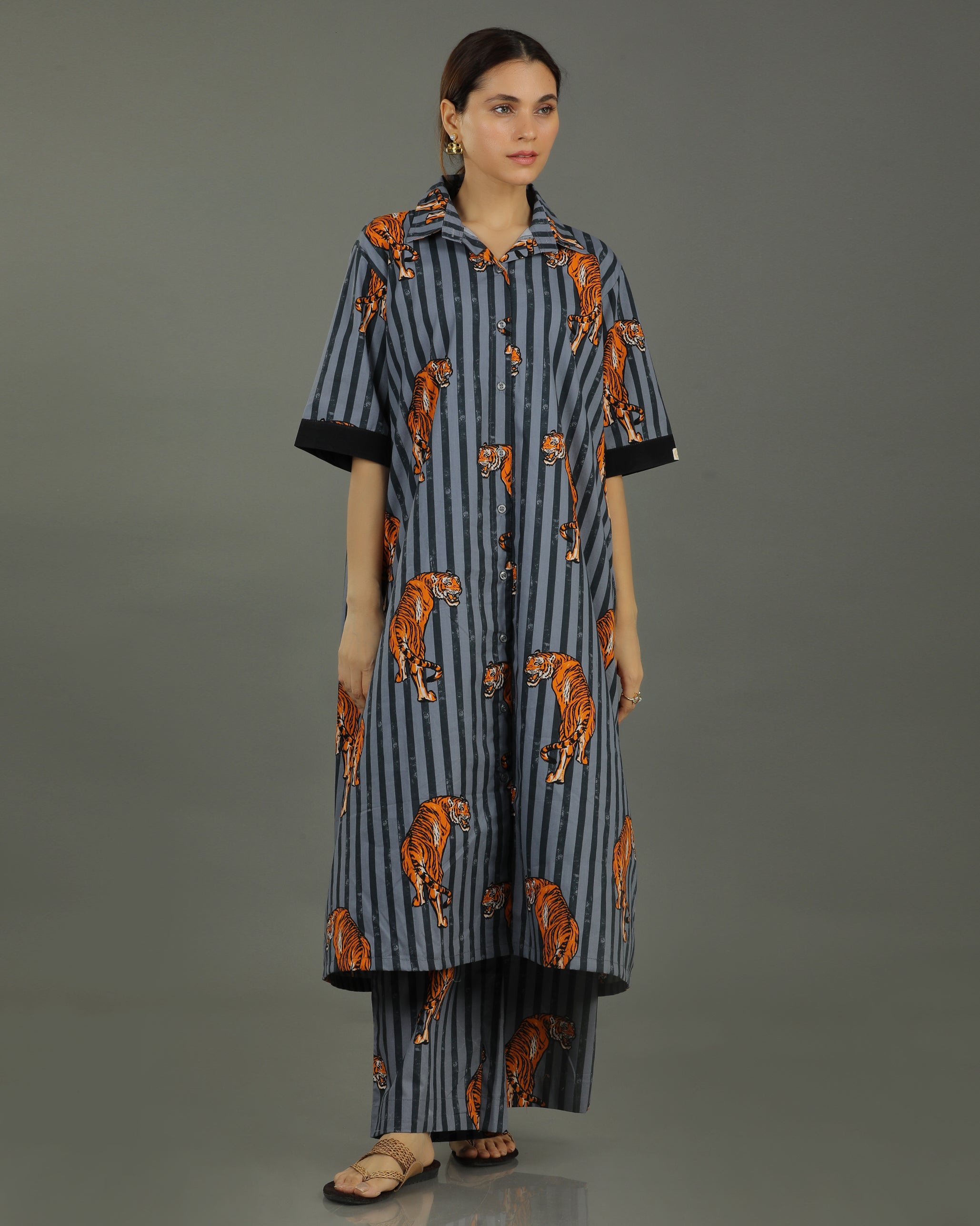 Wildrade Long Cotton Coord Set – Charcoal Tiger Print