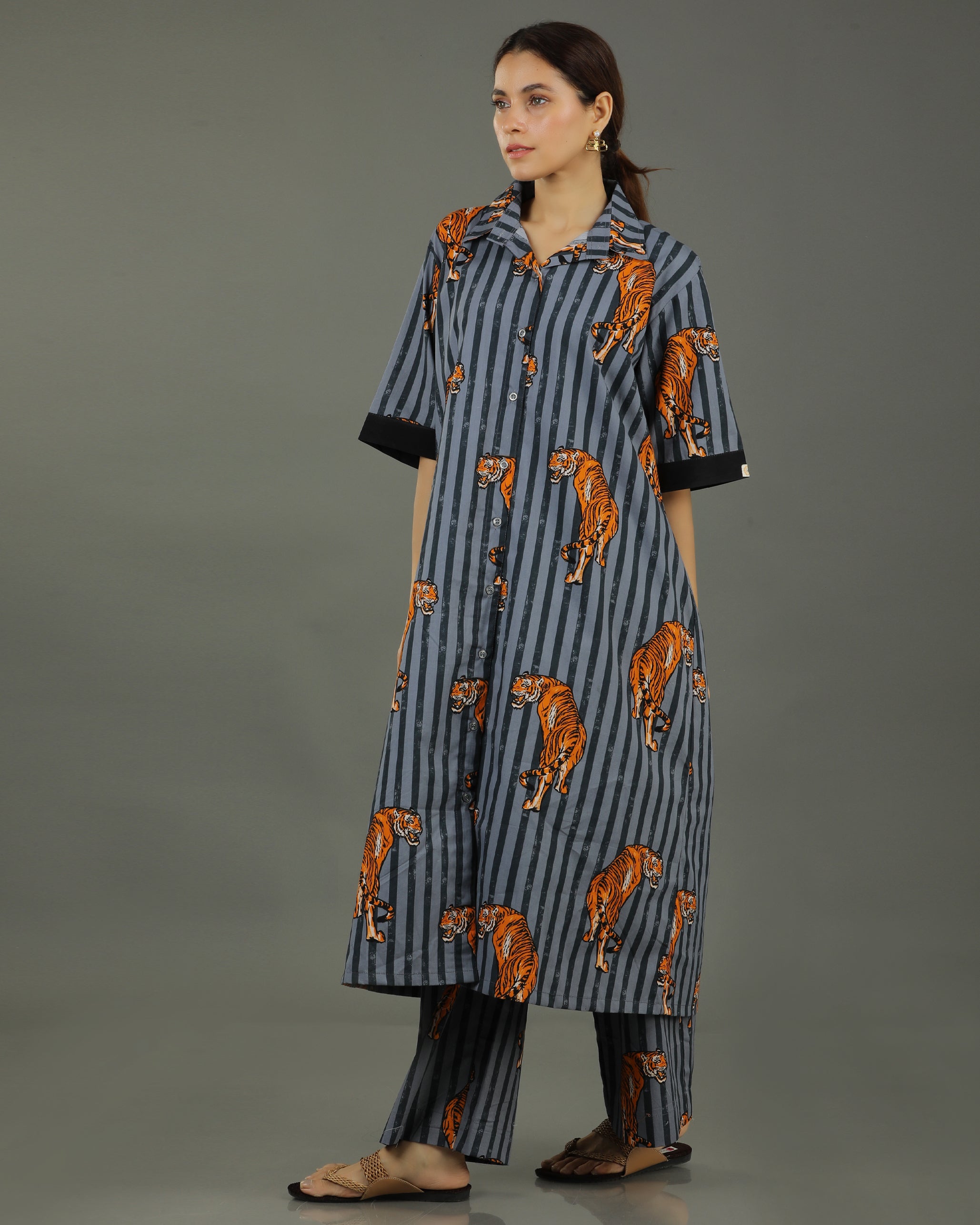 Wildrade Long Cotton Coord Set – Charcoal Tiger Print