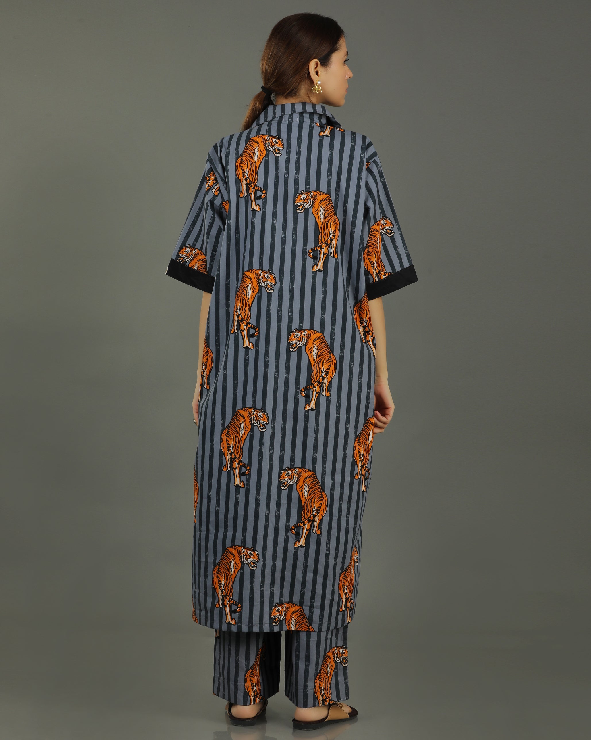Wildrade Long Cotton Coord Set – Charcoal Tiger Print