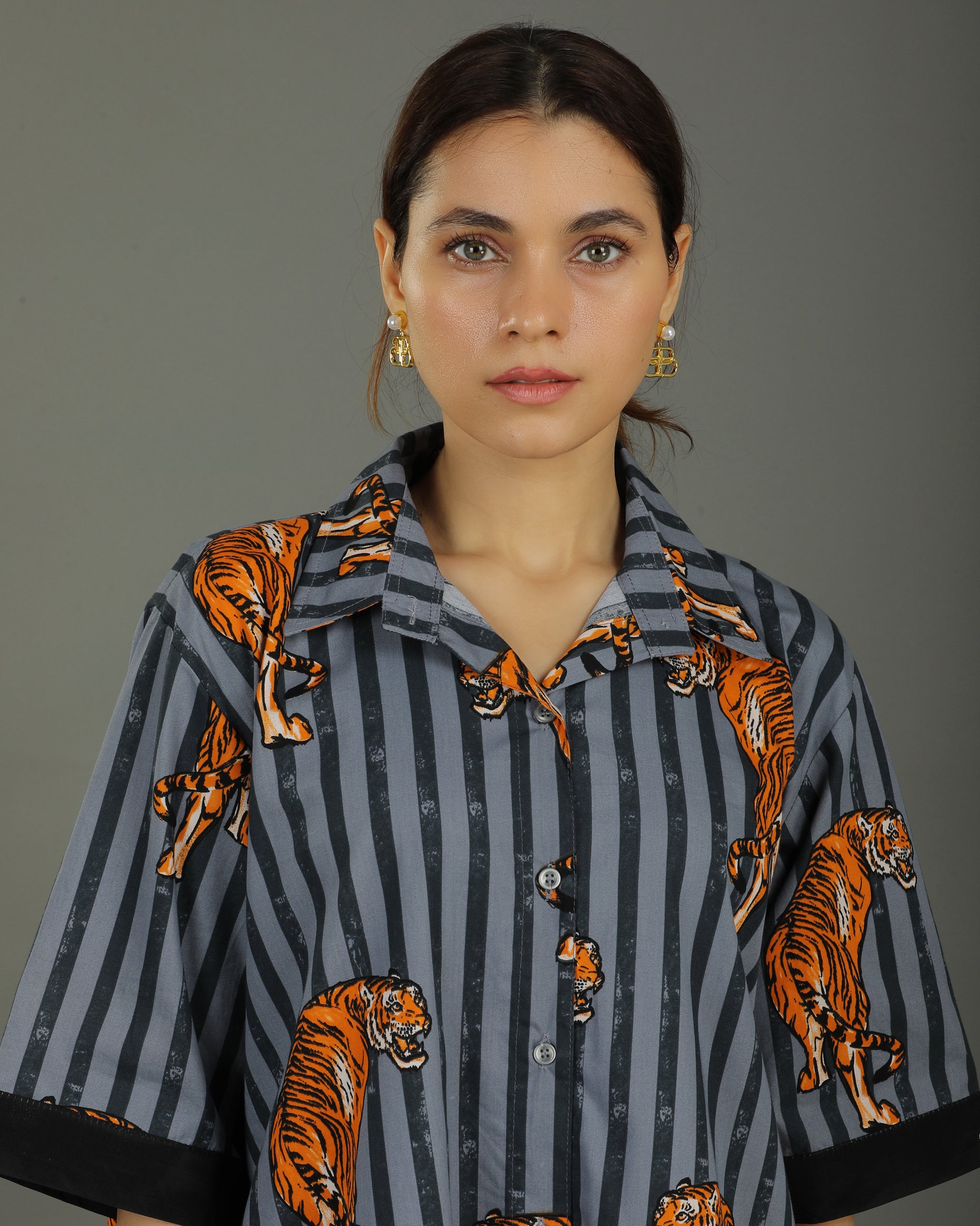 Wildrade Long Cotton Coord Set – Charcoal Tiger Print
