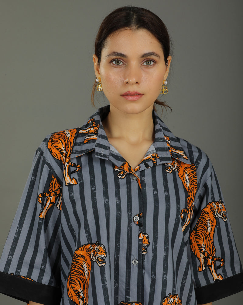 Wildrade Long Cotton Coord Set – Charcoal Tiger Print